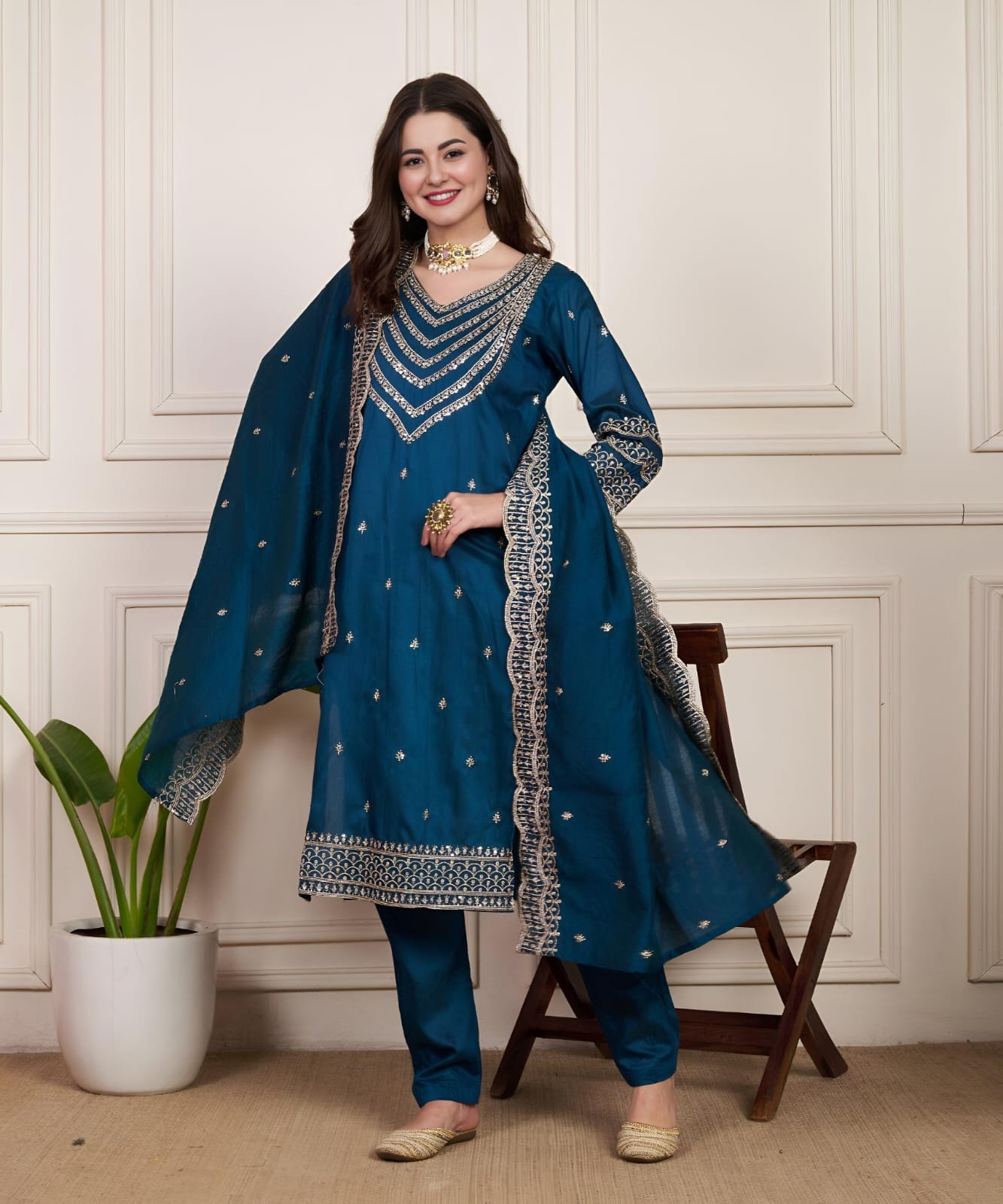Ready To Wear Chanderi Silk Party Wear Suit in blue color