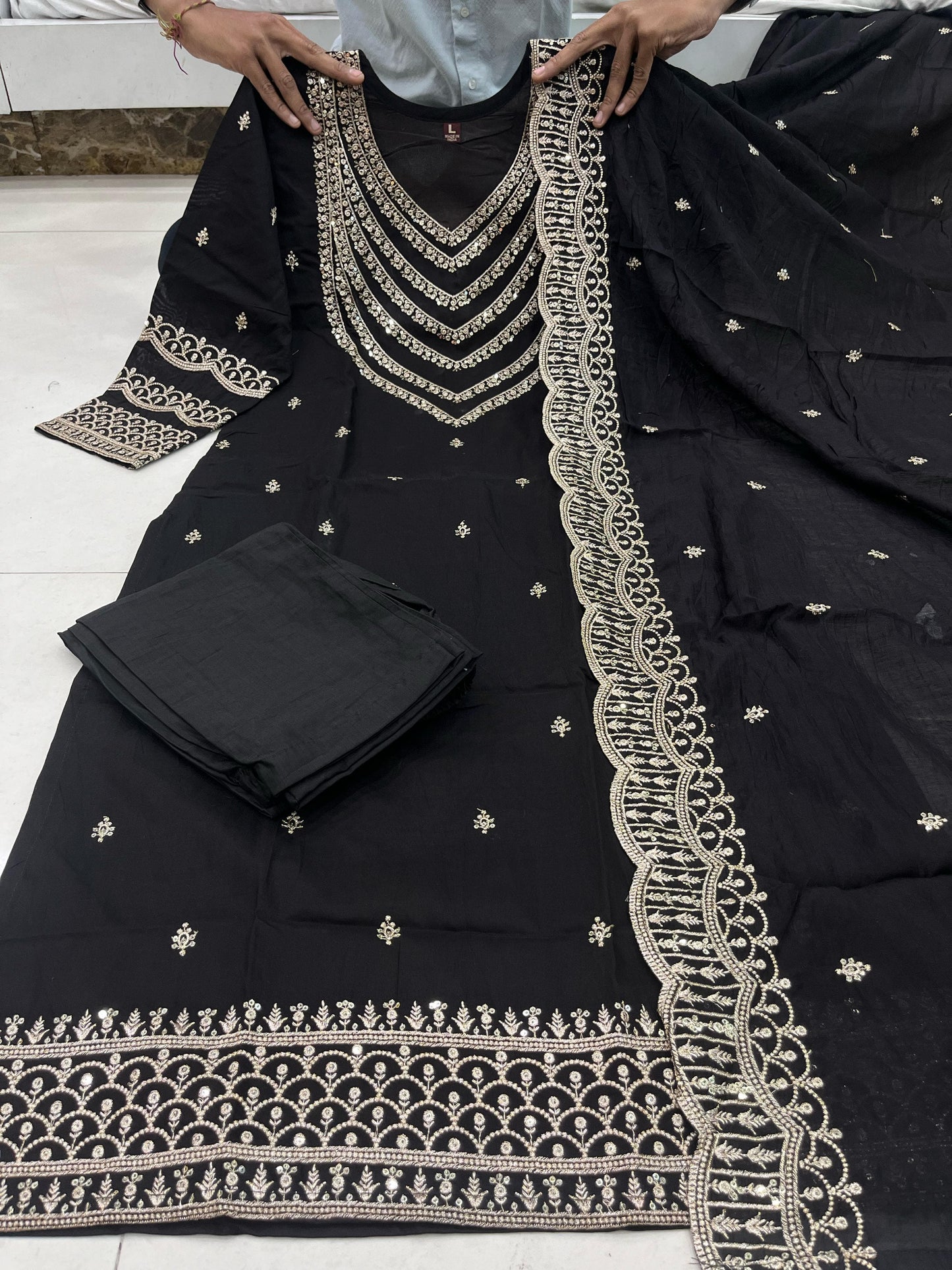 Ready To Wear Chanderi Silk Party Wear Suit in black color