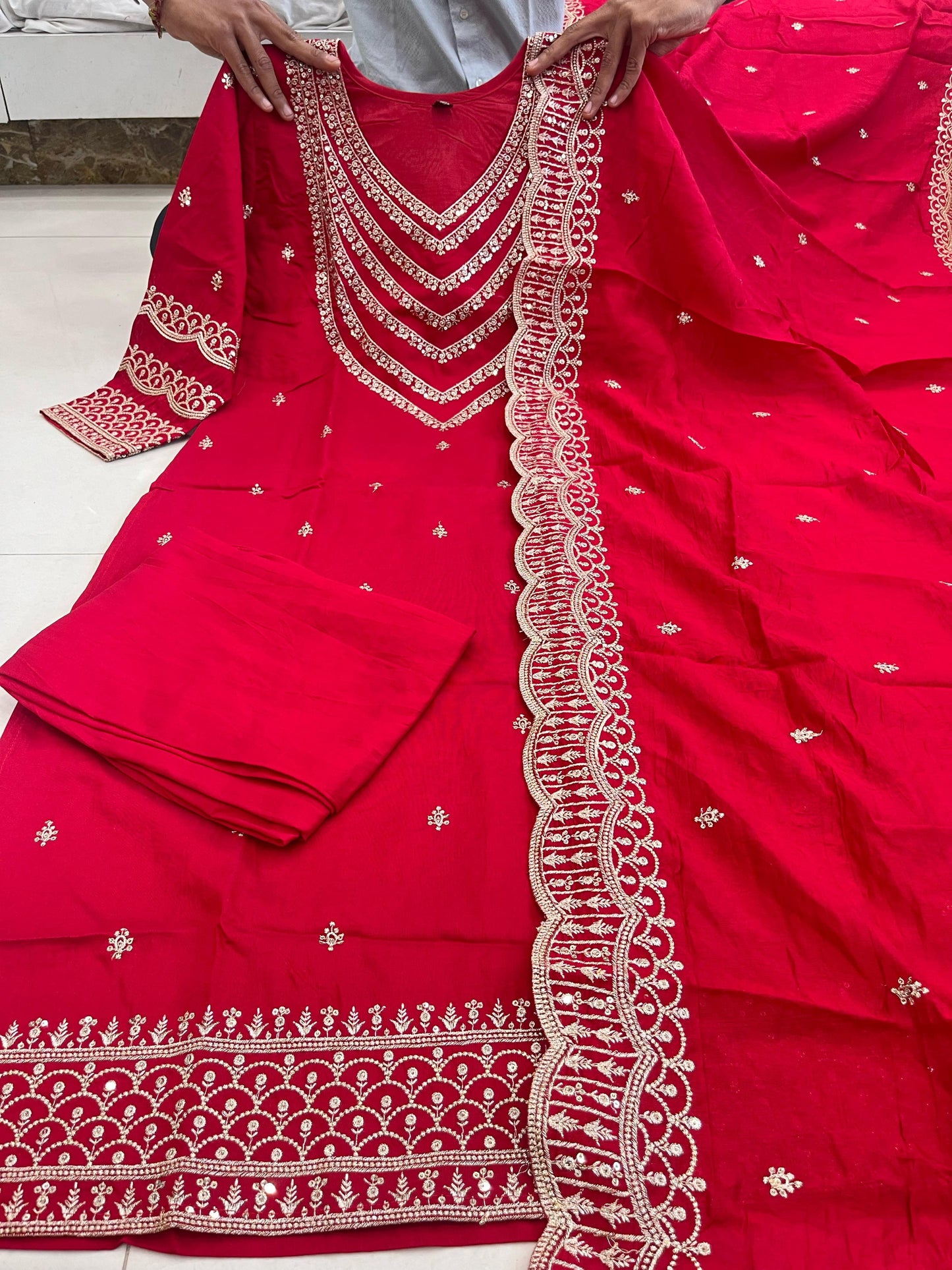 Ready To Wear Chanderi Silk Party Wear Suit in red color