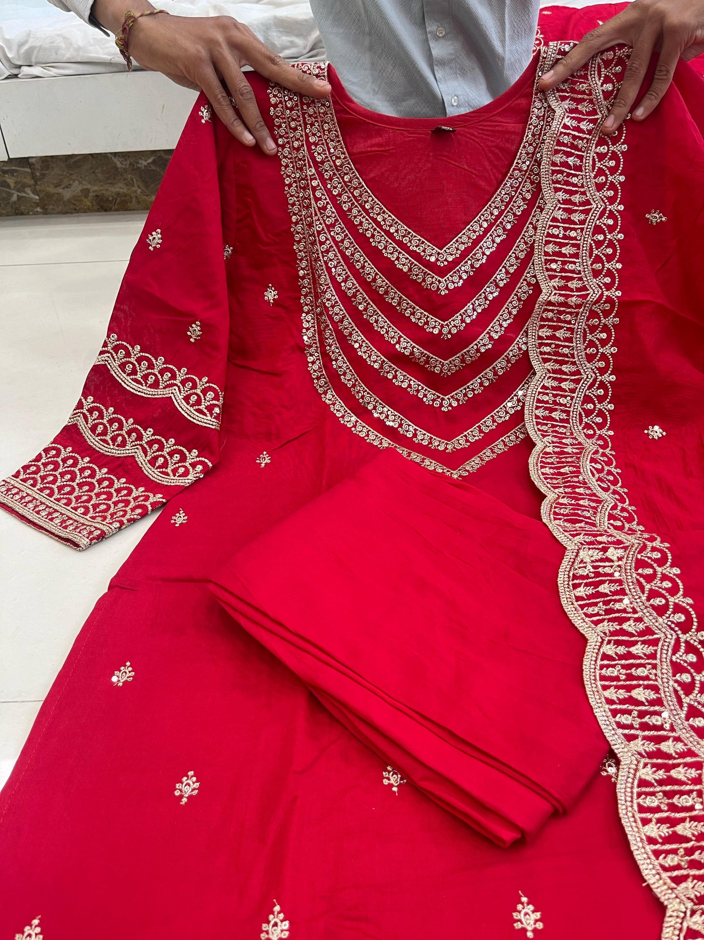 Ready To Wear Chanderi Silk Party Wear Suit in red color