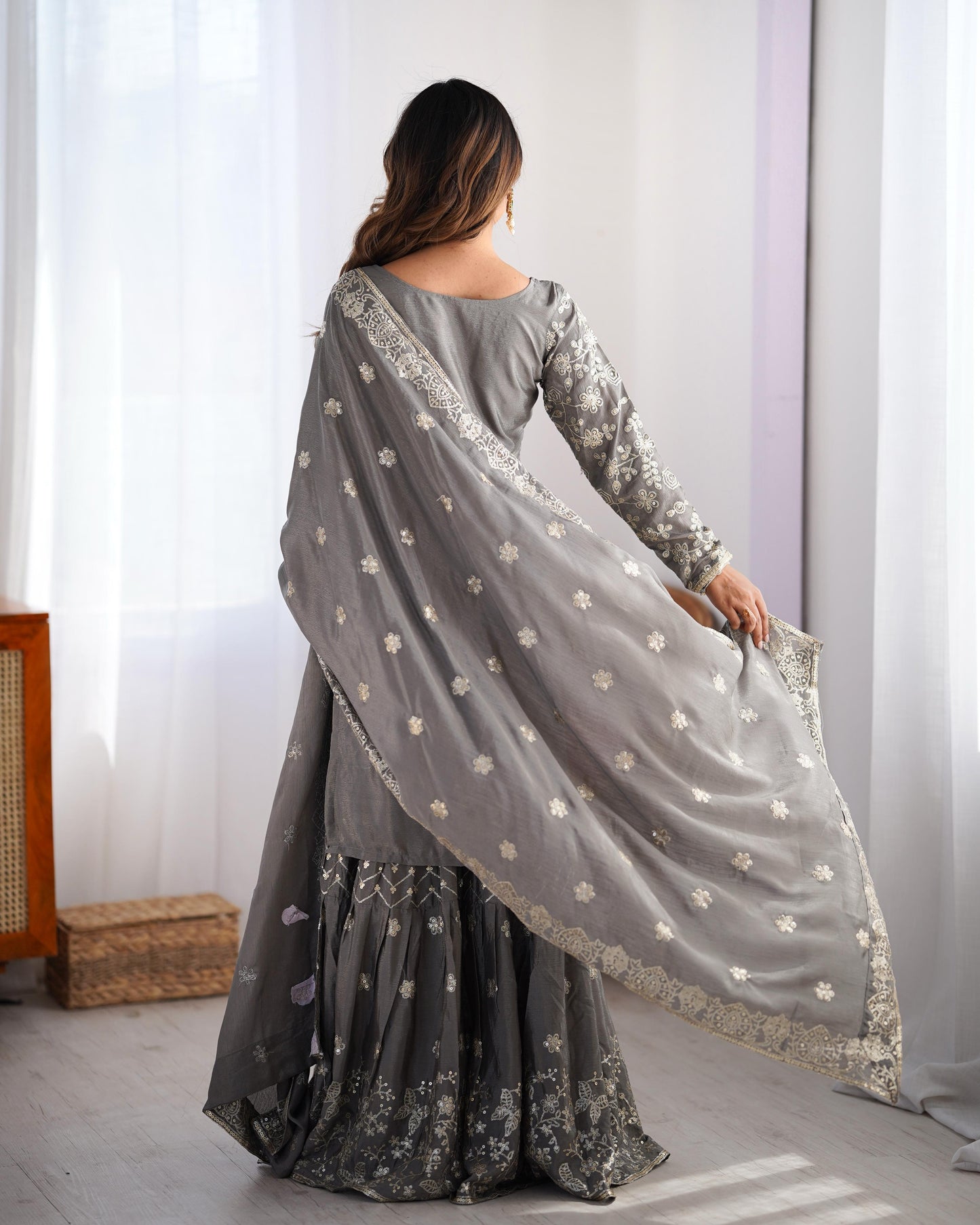 Grey Color Beautiful Chinon Silk Suit
