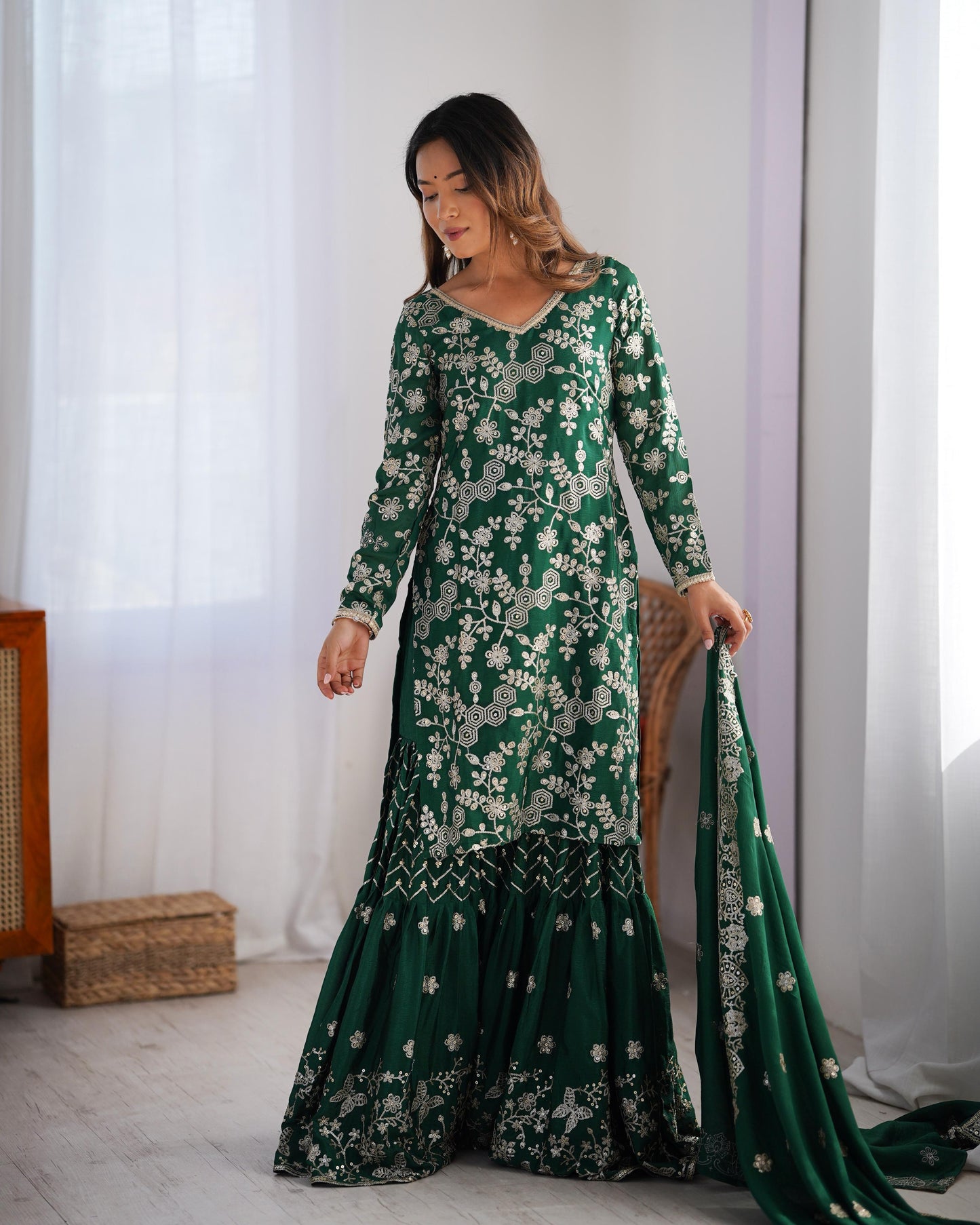 Green Color Beautiful Chinon Silk Suit