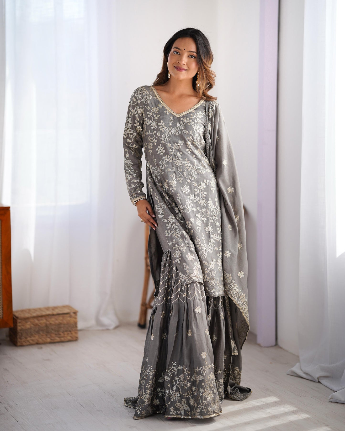 Grey Color Beautiful Chinon Silk Suit