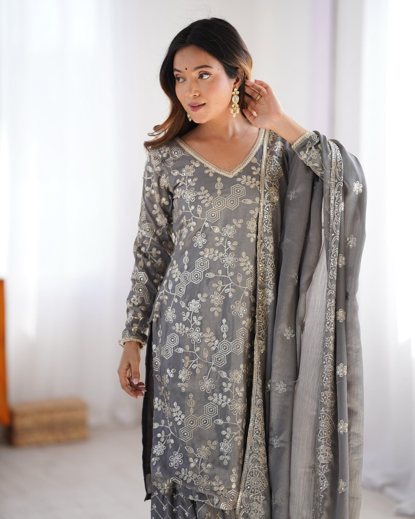 Grey Color Beautiful Chinon Silk Suit