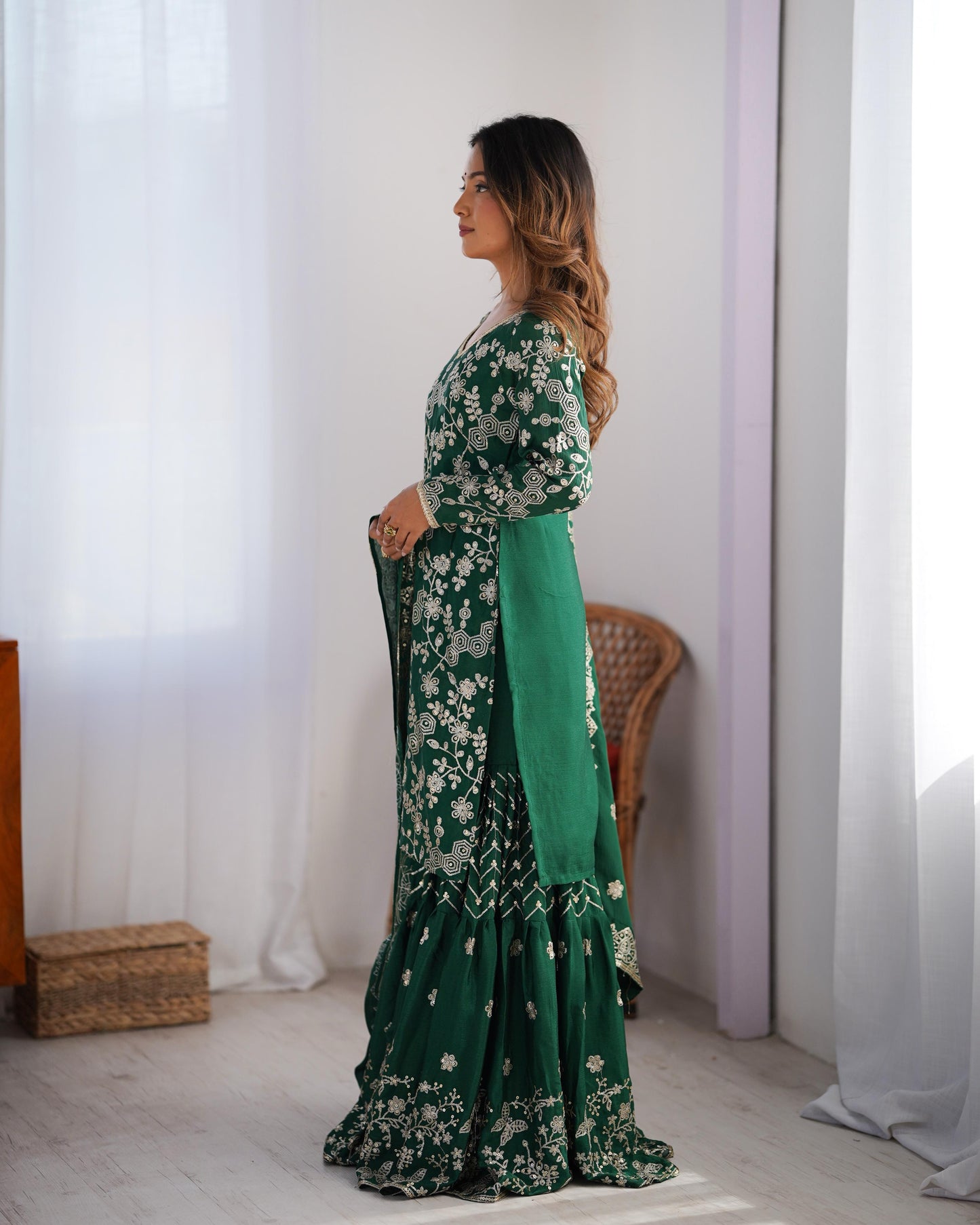 Green Color Beautiful Chinon Silk Suit