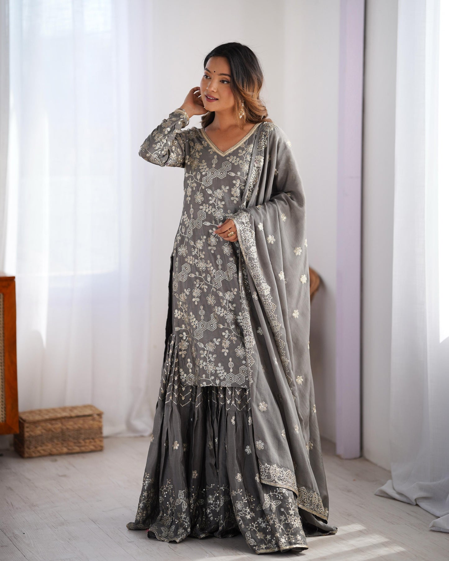 Grey Color Beautiful Chinon Silk Suit