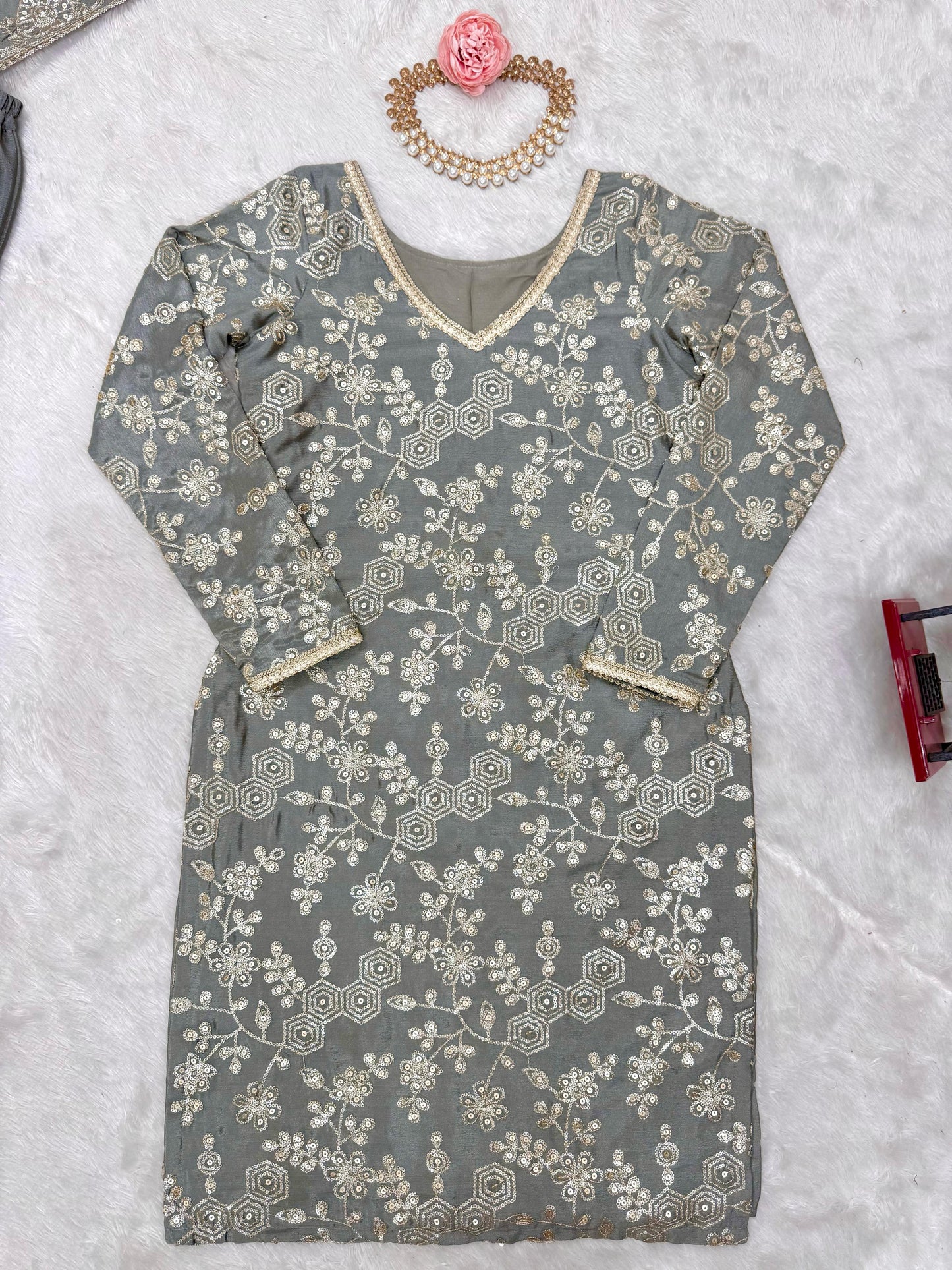 Grey Color Beautiful Chinon Silk Suit