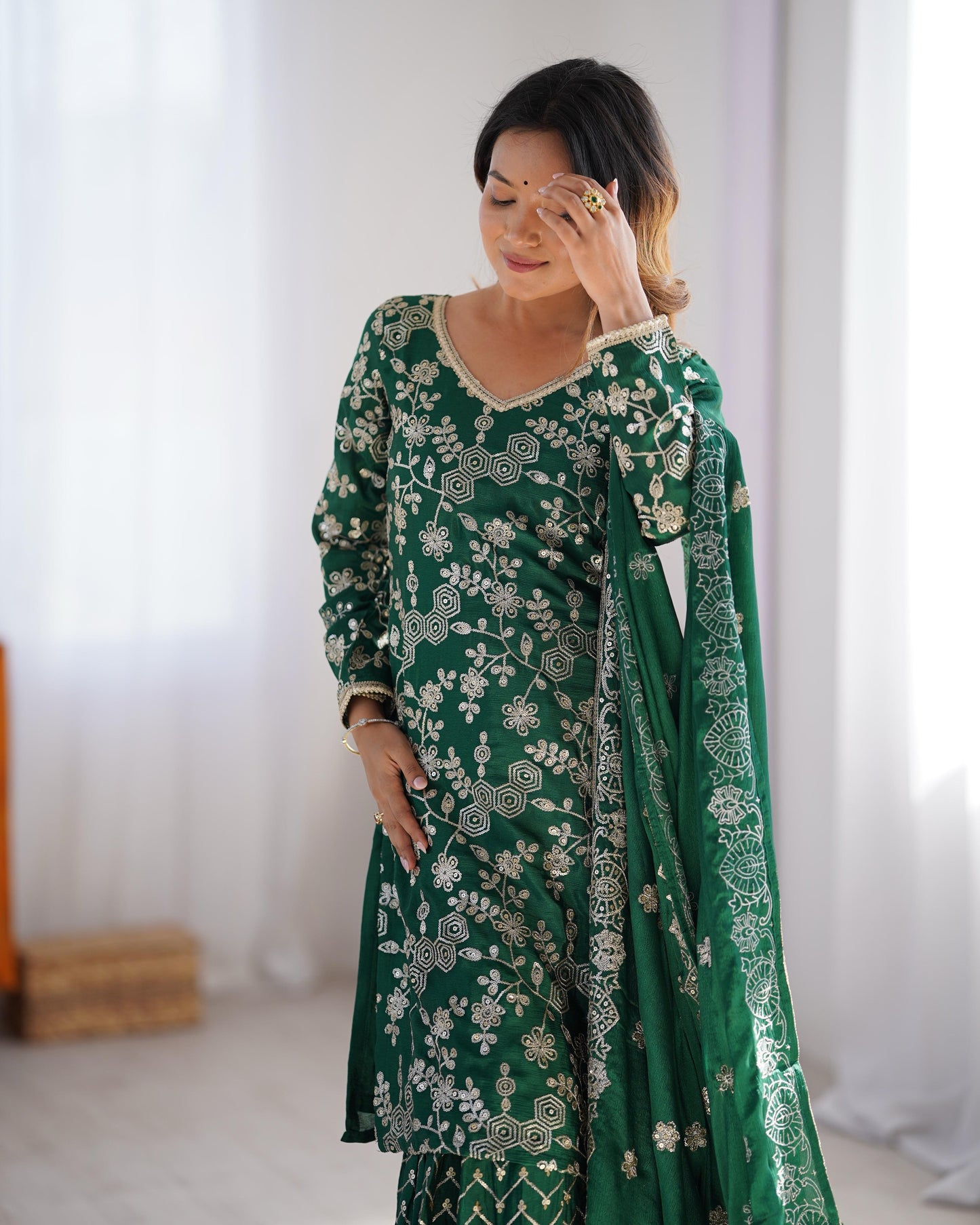 Green Color Beautiful Chinon Silk Suit