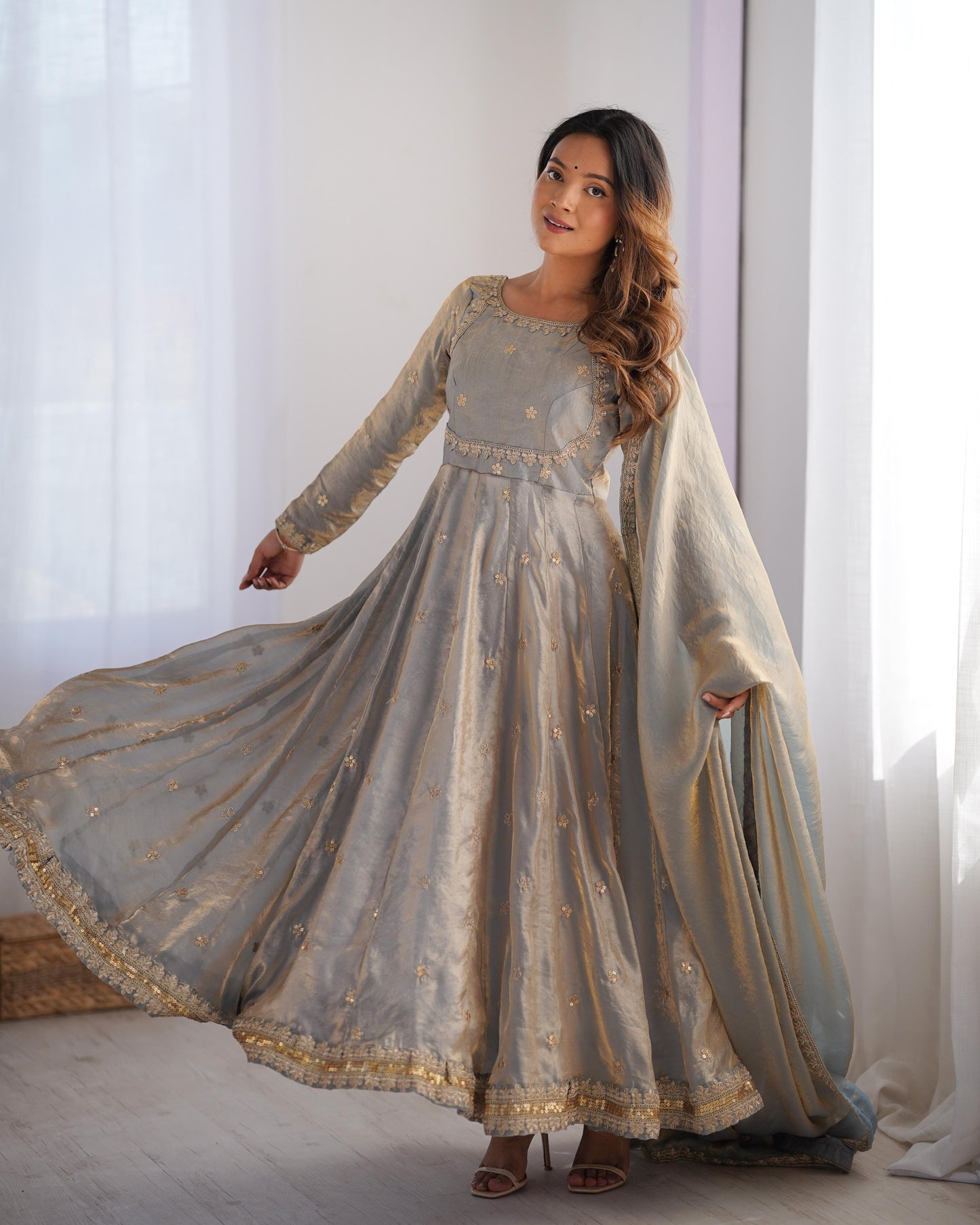 Fancy Color Beautiful Anarkali Gown in Silk Fabric in green color