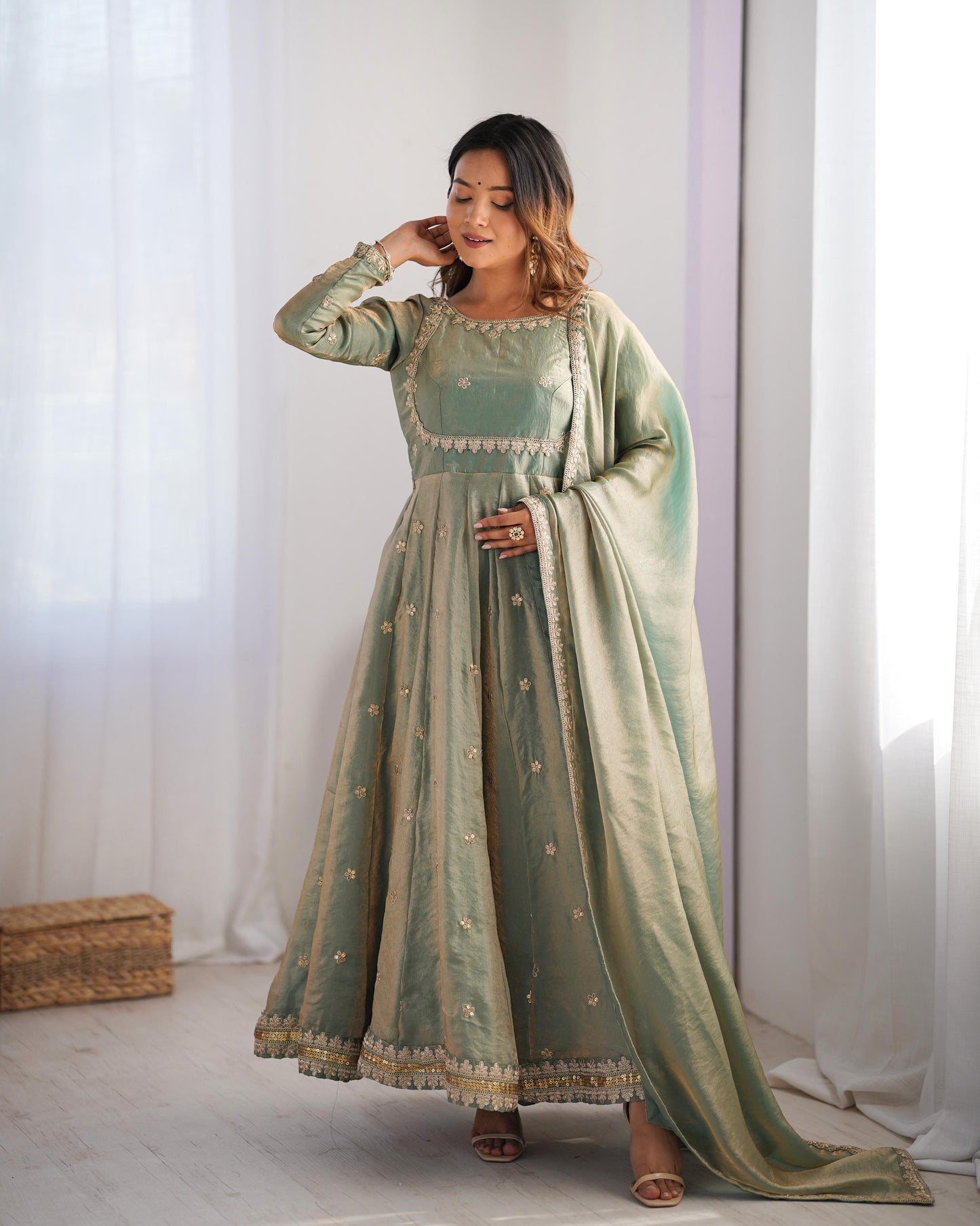 Fancy Color Beautiful Anarkali Gown in Silk Fabric in green color
