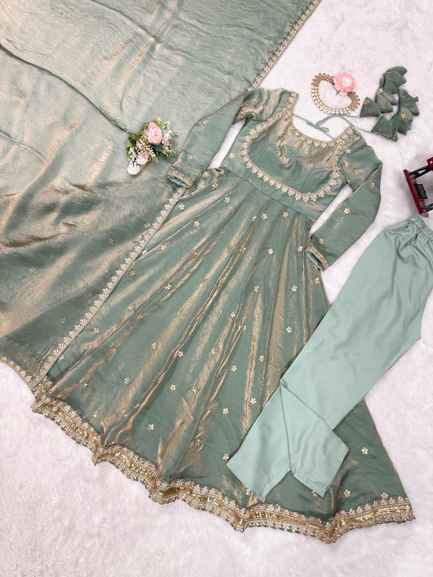 Fancy Color Beautiful Anarkali Gown in Silk Fabric in green color