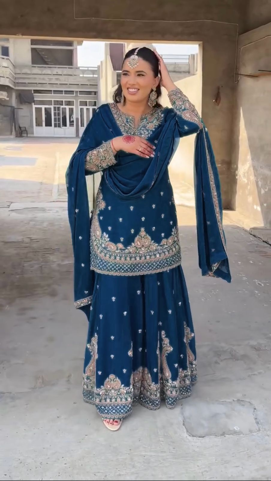 Beautiful Blue Color Suit In Chinon Silk