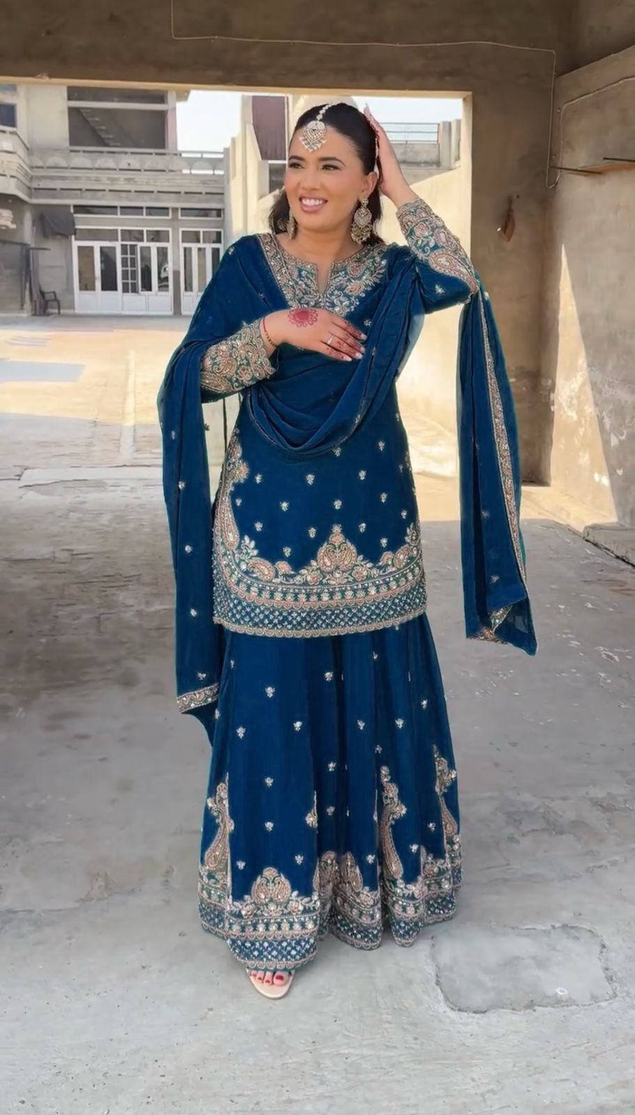 Beautiful Blue Color Suit In Chinon Silk