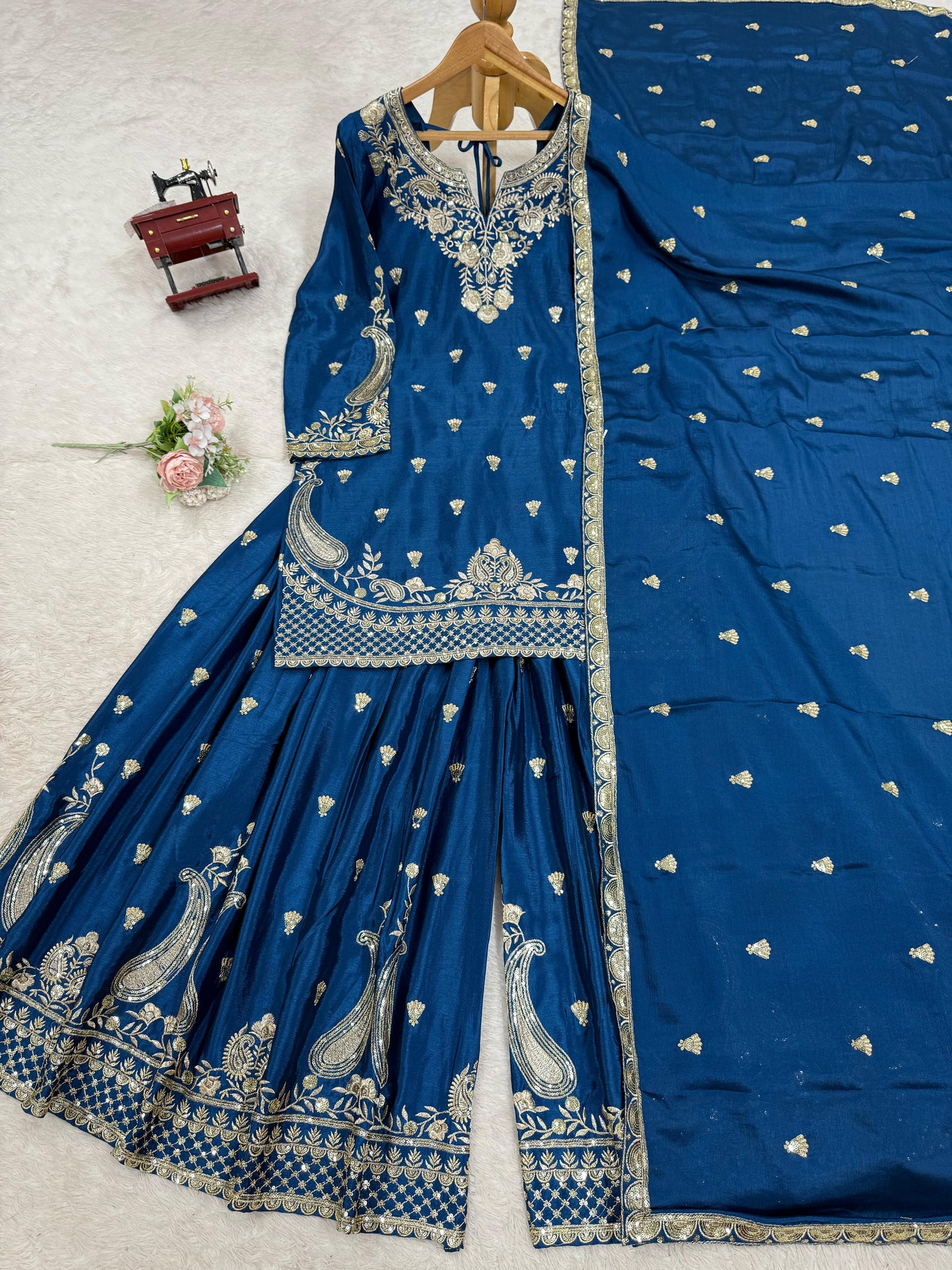 Beautiful Blue Color Suit In Chinon Silk