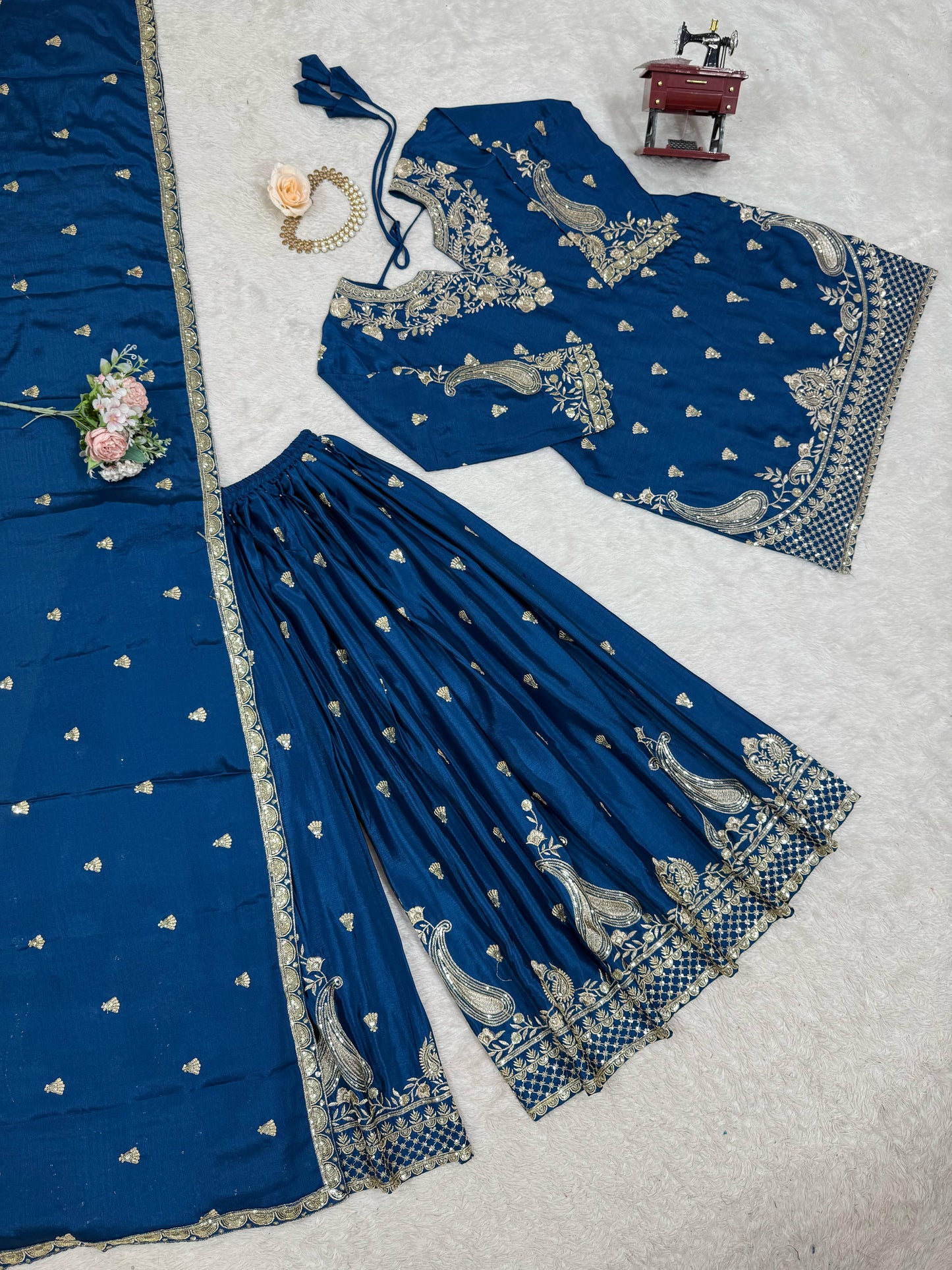 Beautiful Blue Color Suit In Chinon Silk