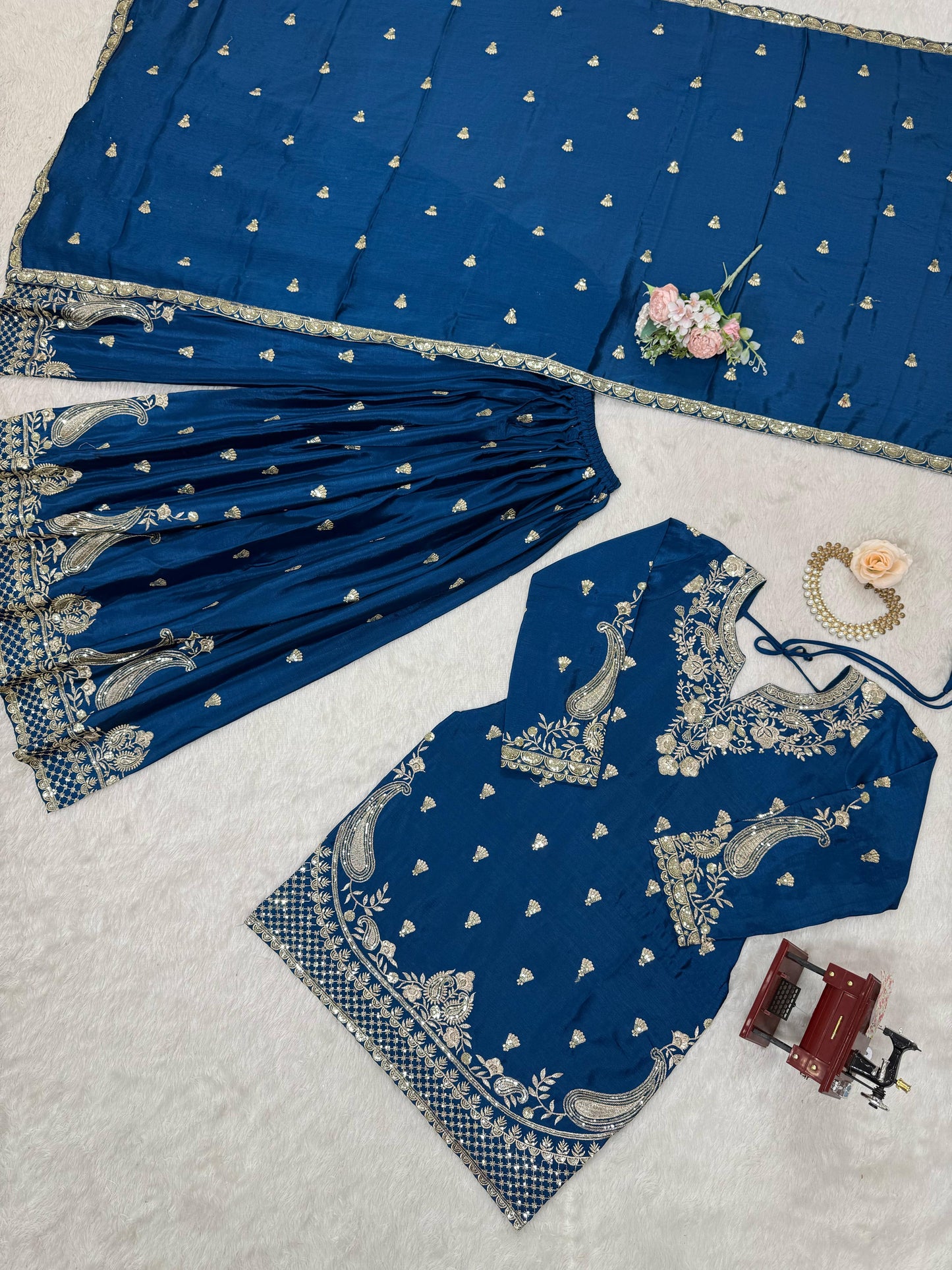 Beautiful Blue Color Suit In Chinon Silk