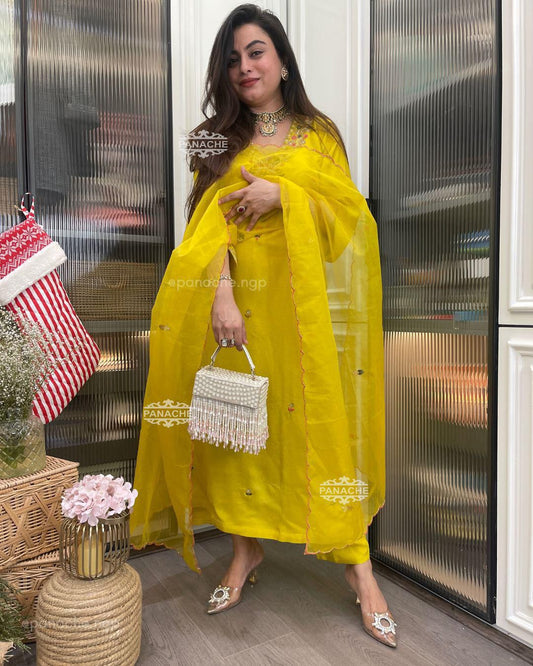 Yellow Color Beautiful Summer Wear Dress in Roman Silk Fabric