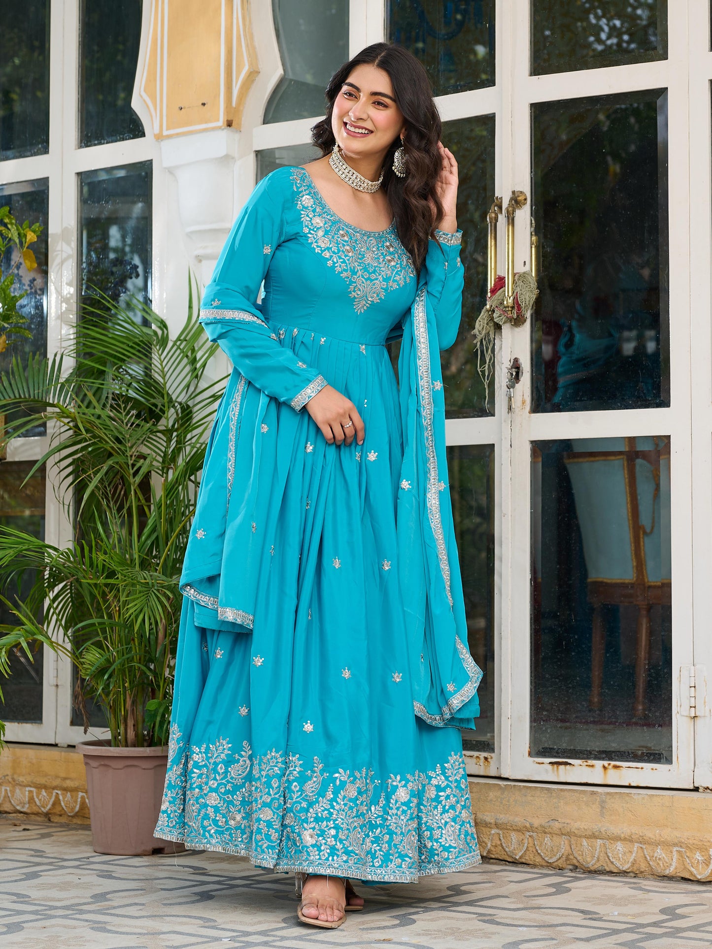 Sky Blue Color Beautiful Partywear Silk Gown