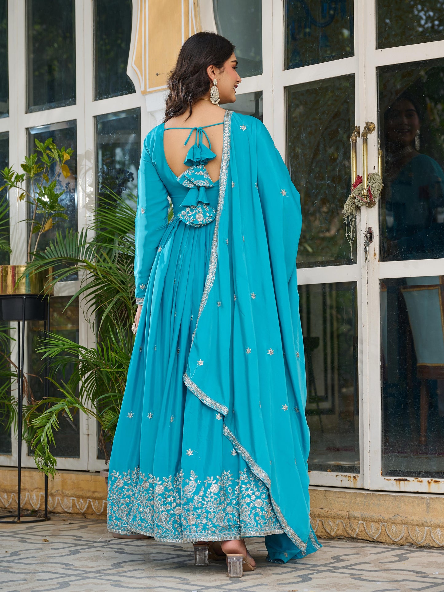 Sky Blue Color Beautiful Partywear Silk Gown
