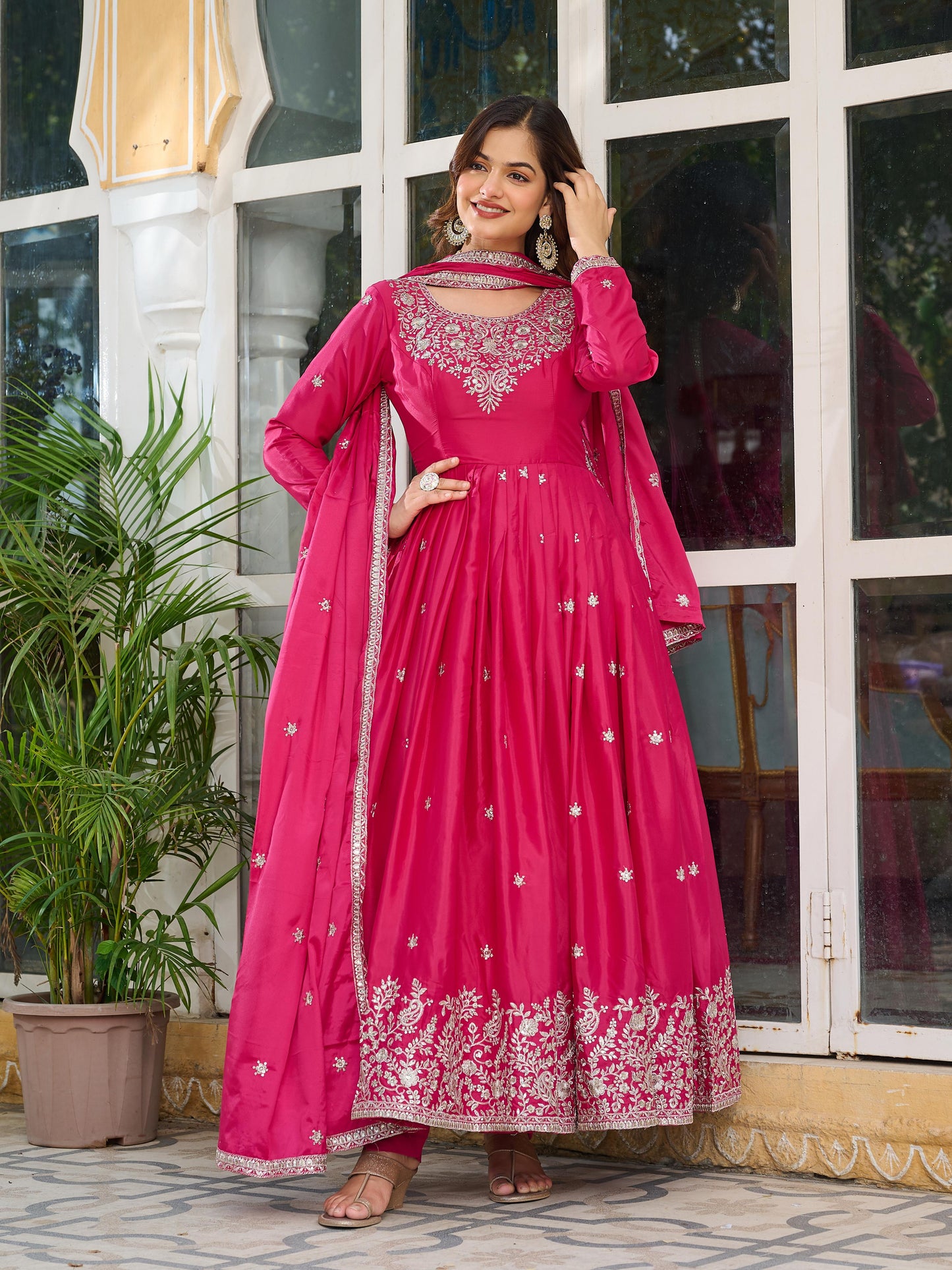 Pink Color Beautiful Partywear Silk Gown