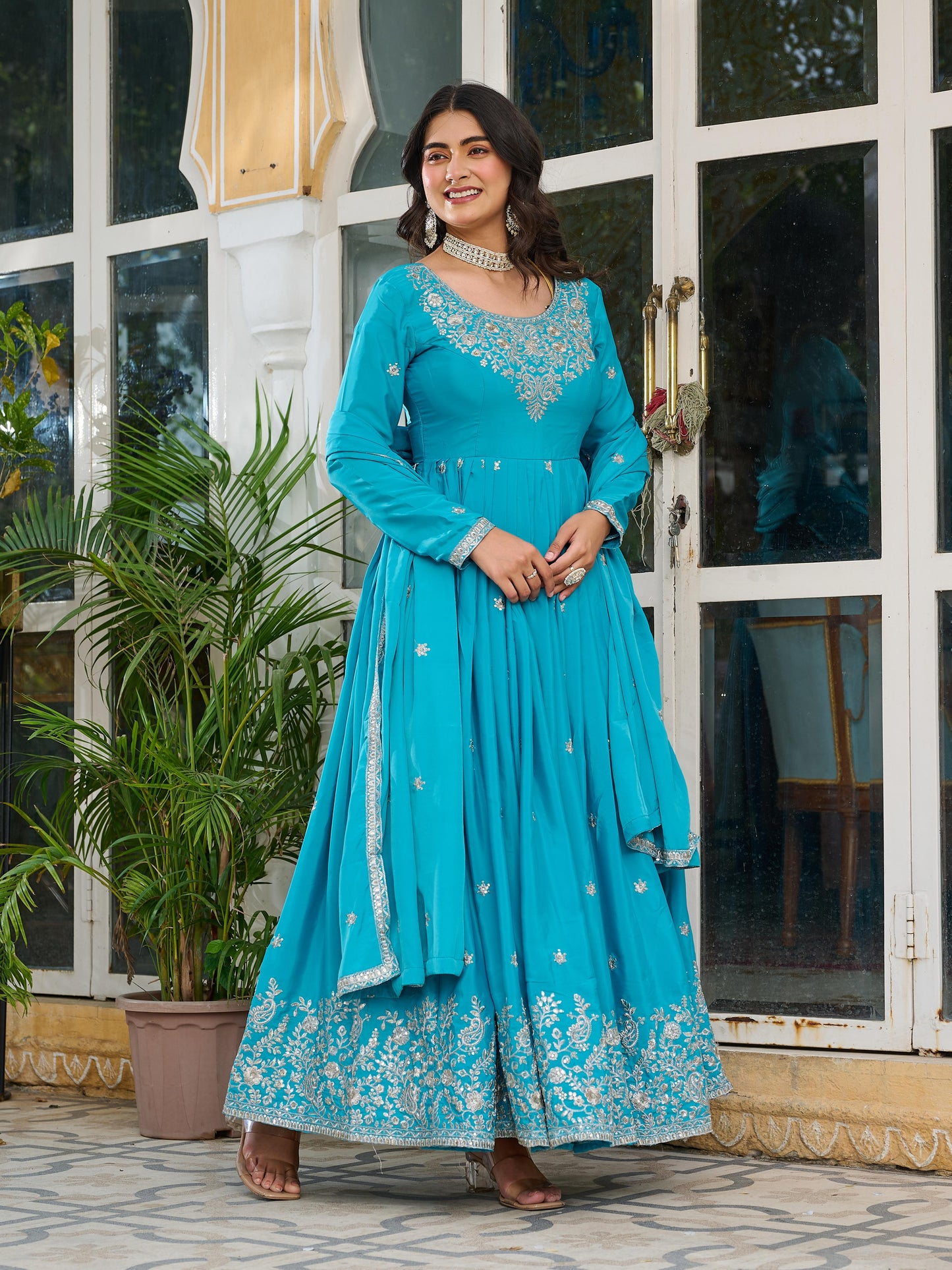 Sky Blue Color Beautiful Partywear Silk Gown