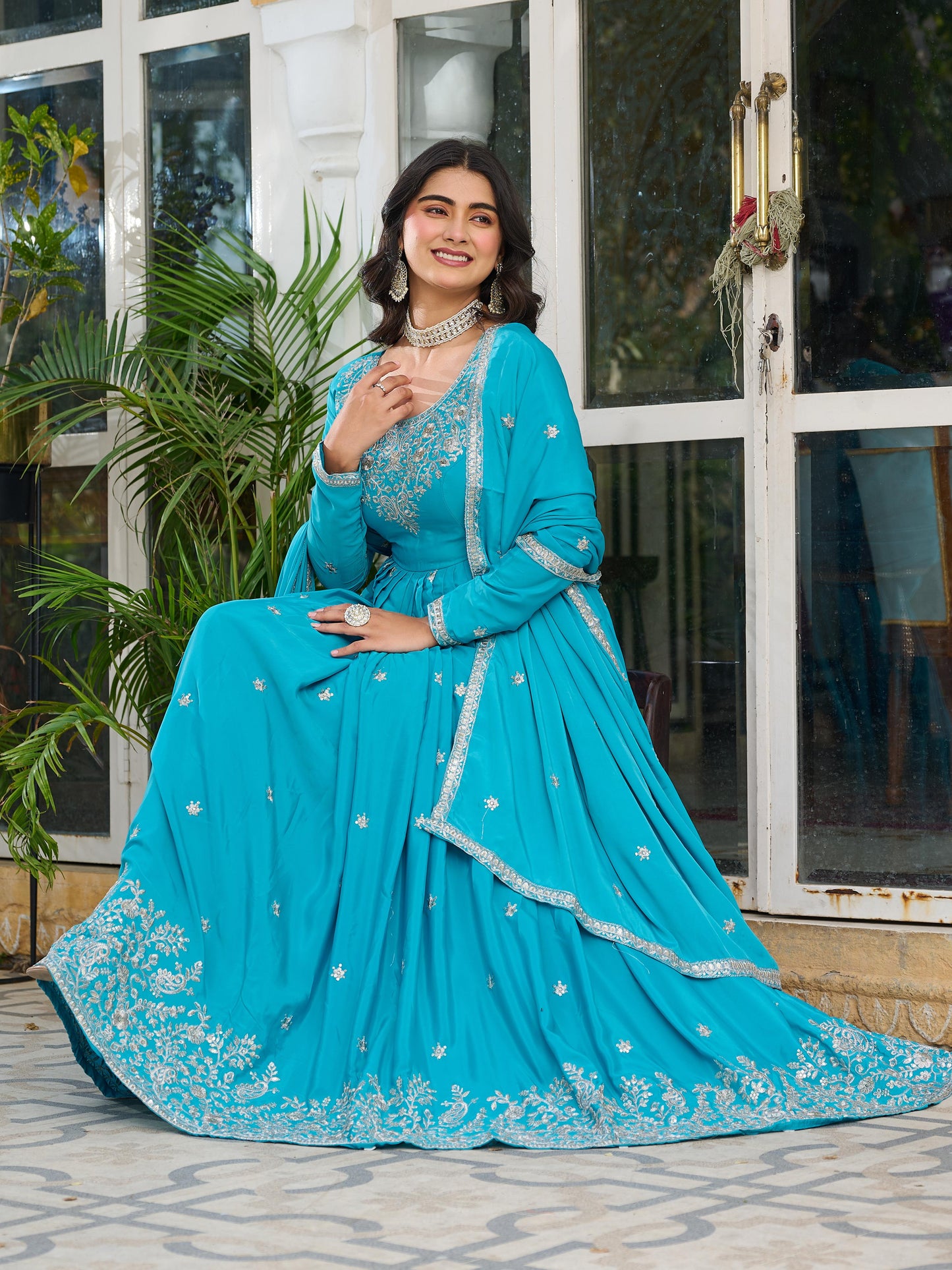 Sky Blue Color Beautiful Partywear Silk Gown