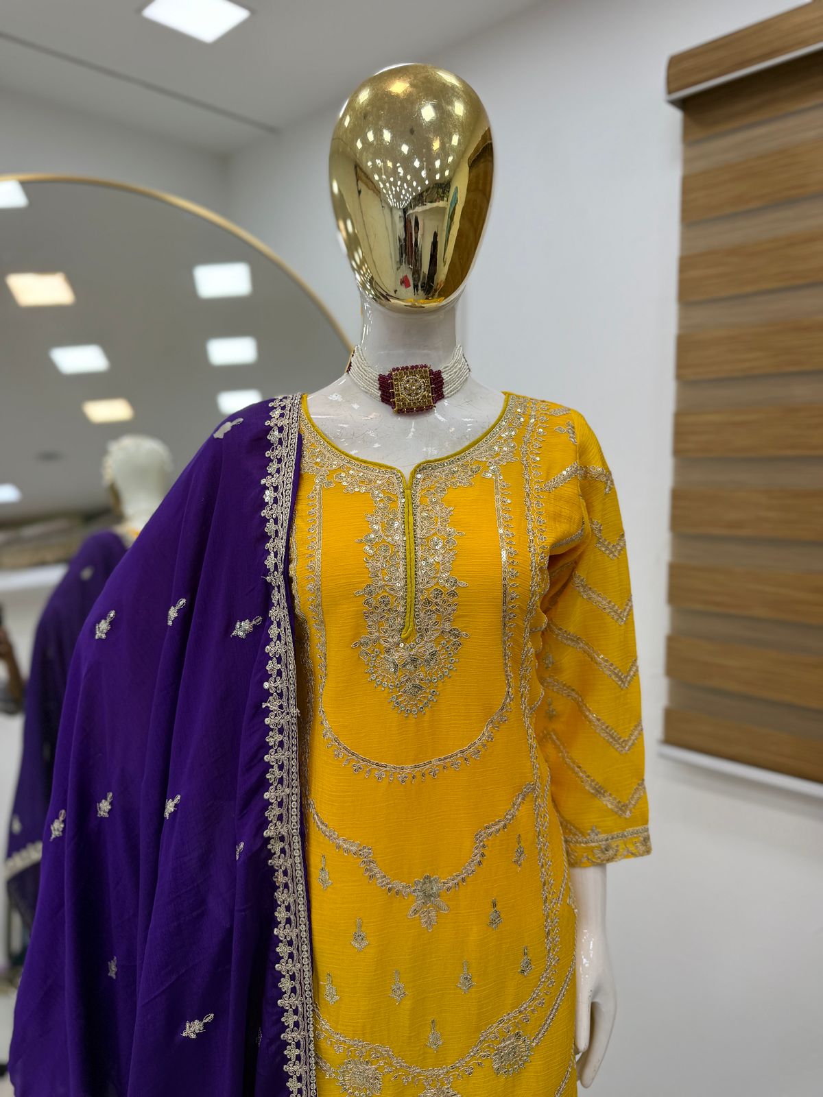 Yellow Blue Color Beautiful Partywear Dress in Chinon Fabric