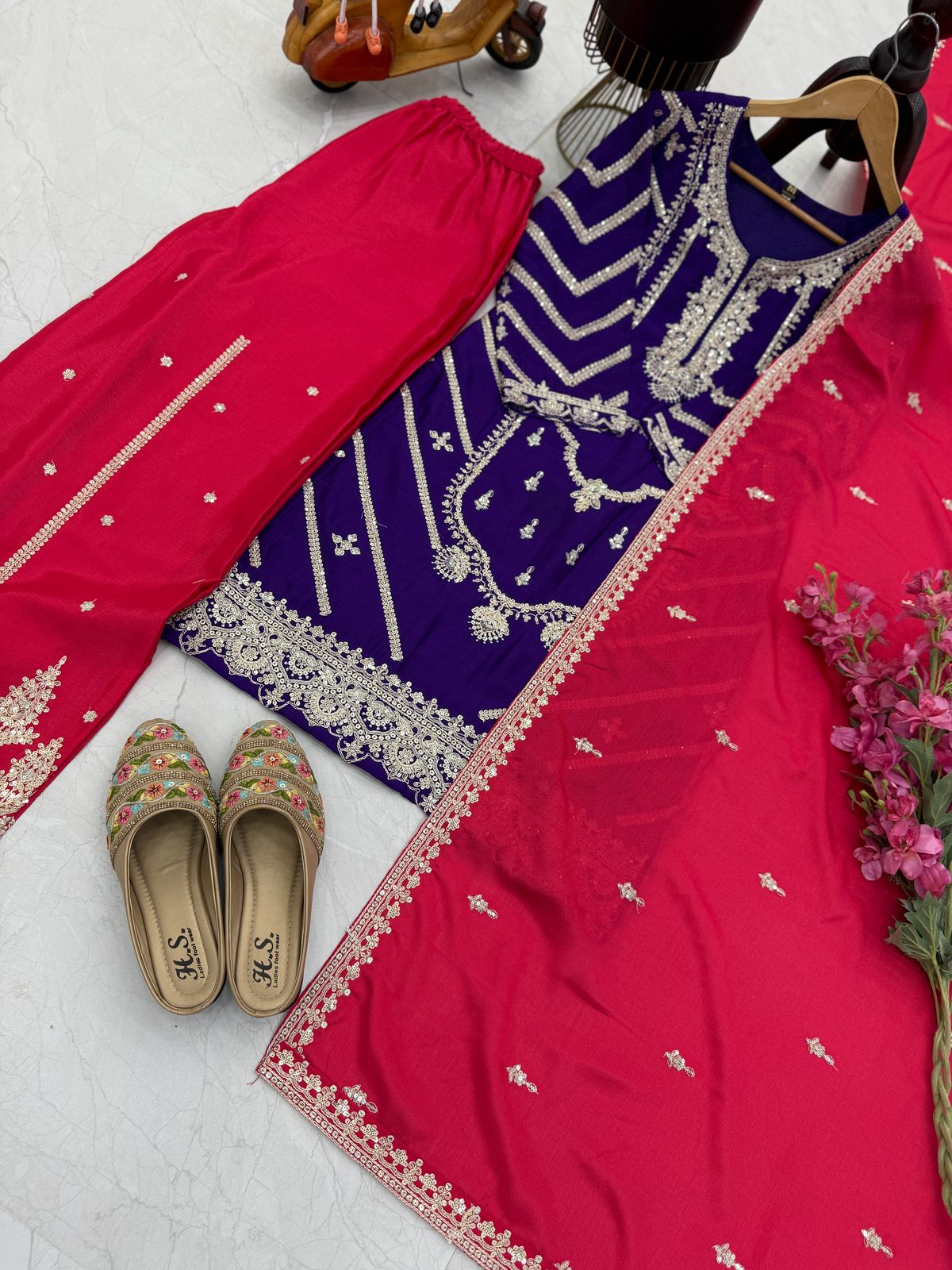 Blue Pink Color Beautiful Partywear Dress in Chinon Fabric