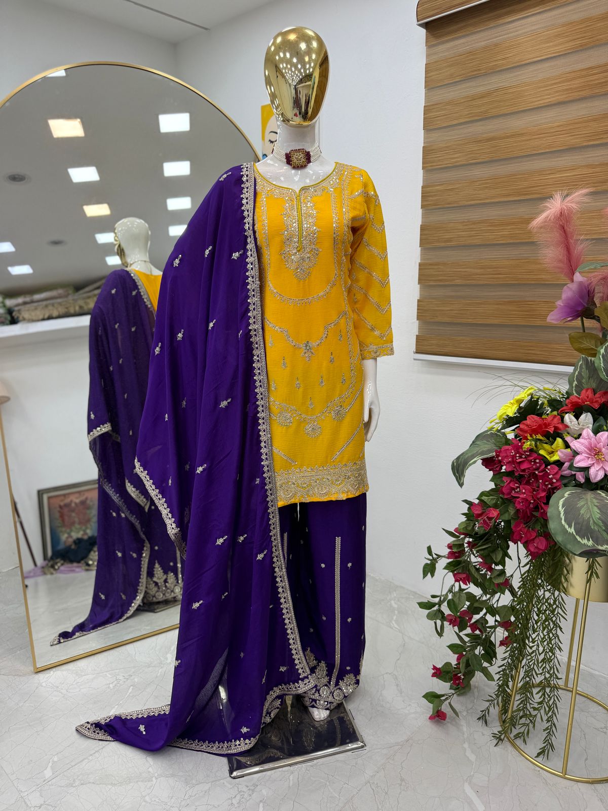 Yellow Blue Color Beautiful Partywear Dress in Chinon Fabric