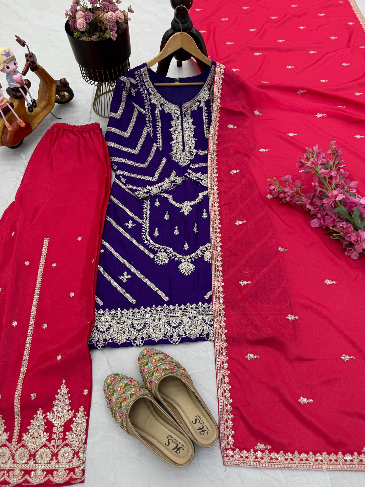 Blue Pink Color Beautiful Partywear Dress in Chinon Fabric