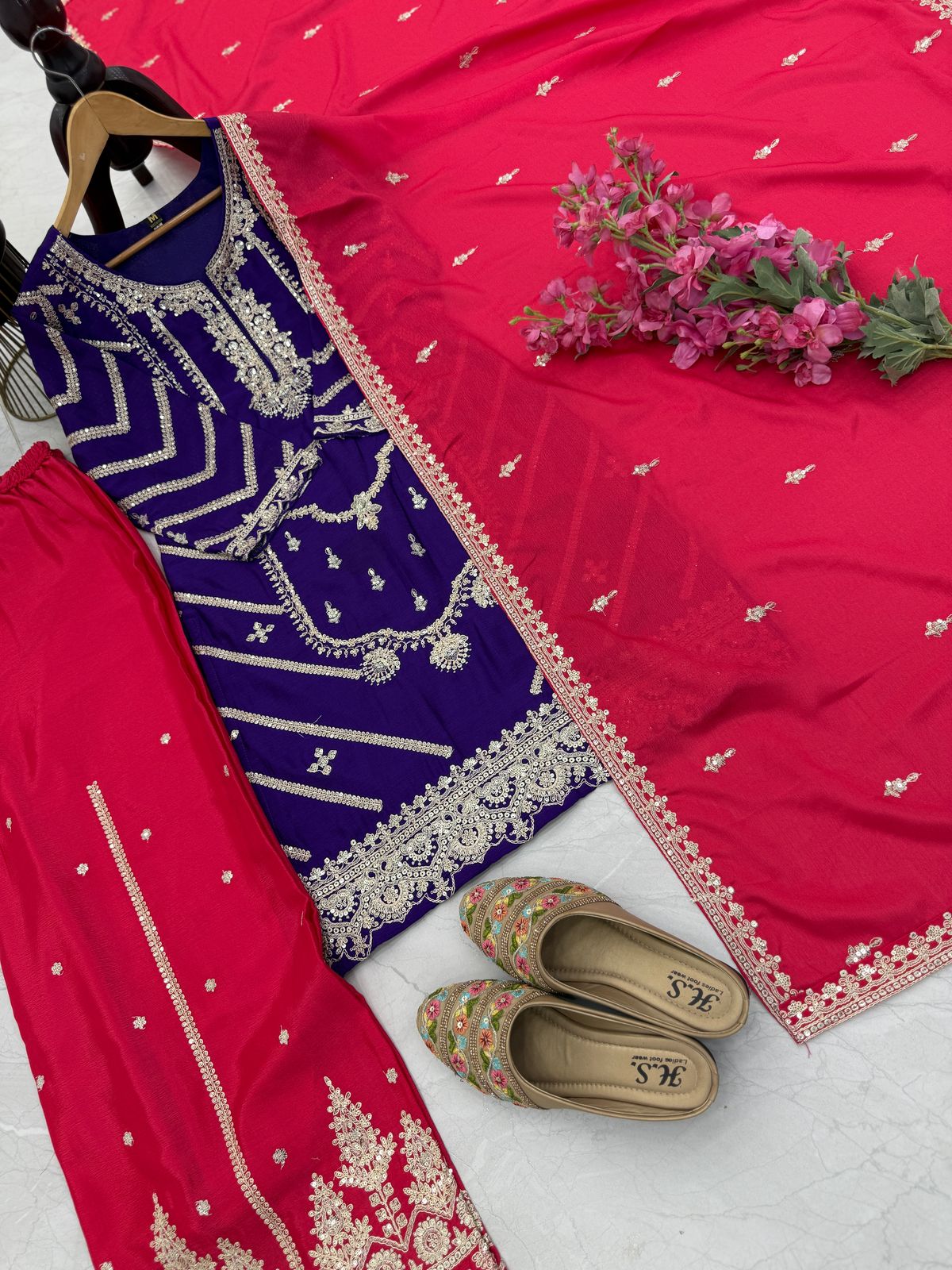 Blue Pink Color Beautiful Partywear Dress in Chinon Fabric
