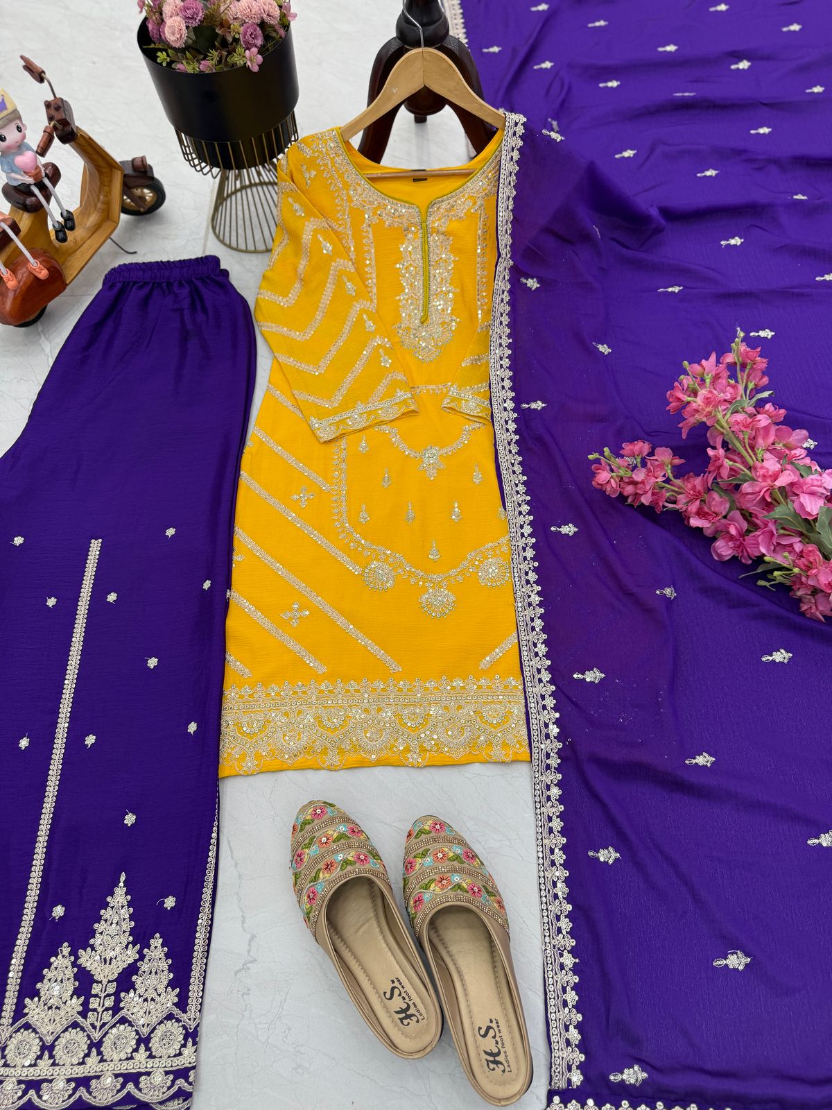 Yellow Blue Color Beautiful Partywear Dress in Chinon Fabric