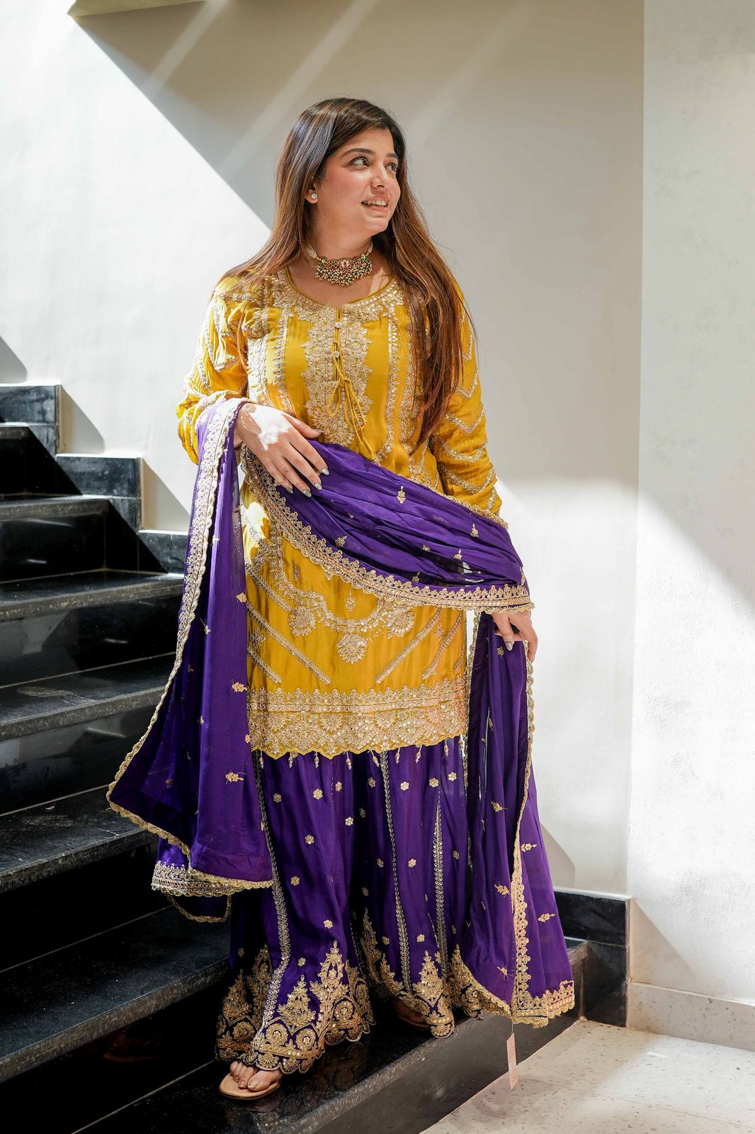 Yellow Blue Color Beautiful Partywear Dress in Chinon Fabric