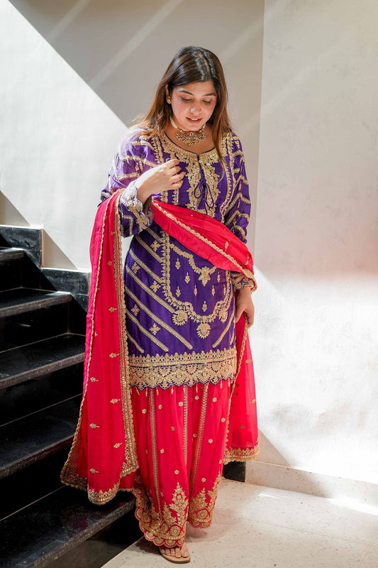 Blue Pink Color Beautiful Partywear Dress in Chinon Fabric