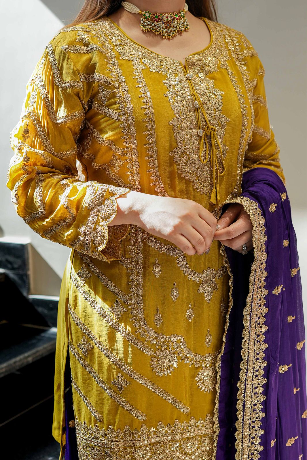 Yellow Blue Color Beautiful Partywear Dress in Chinon Fabric