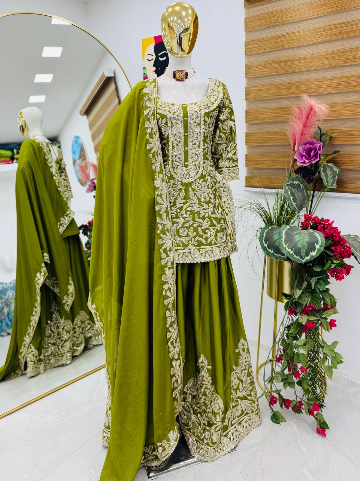 Green Color Beautiful Party Wear Chinon Fabric Suit