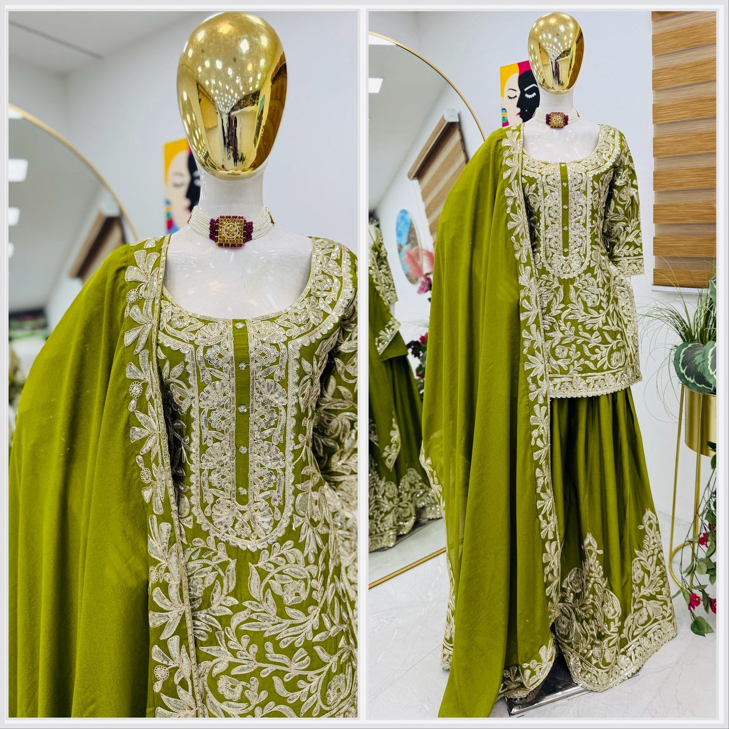 Green Color Beautiful Party Wear Chinon Fabric Suit