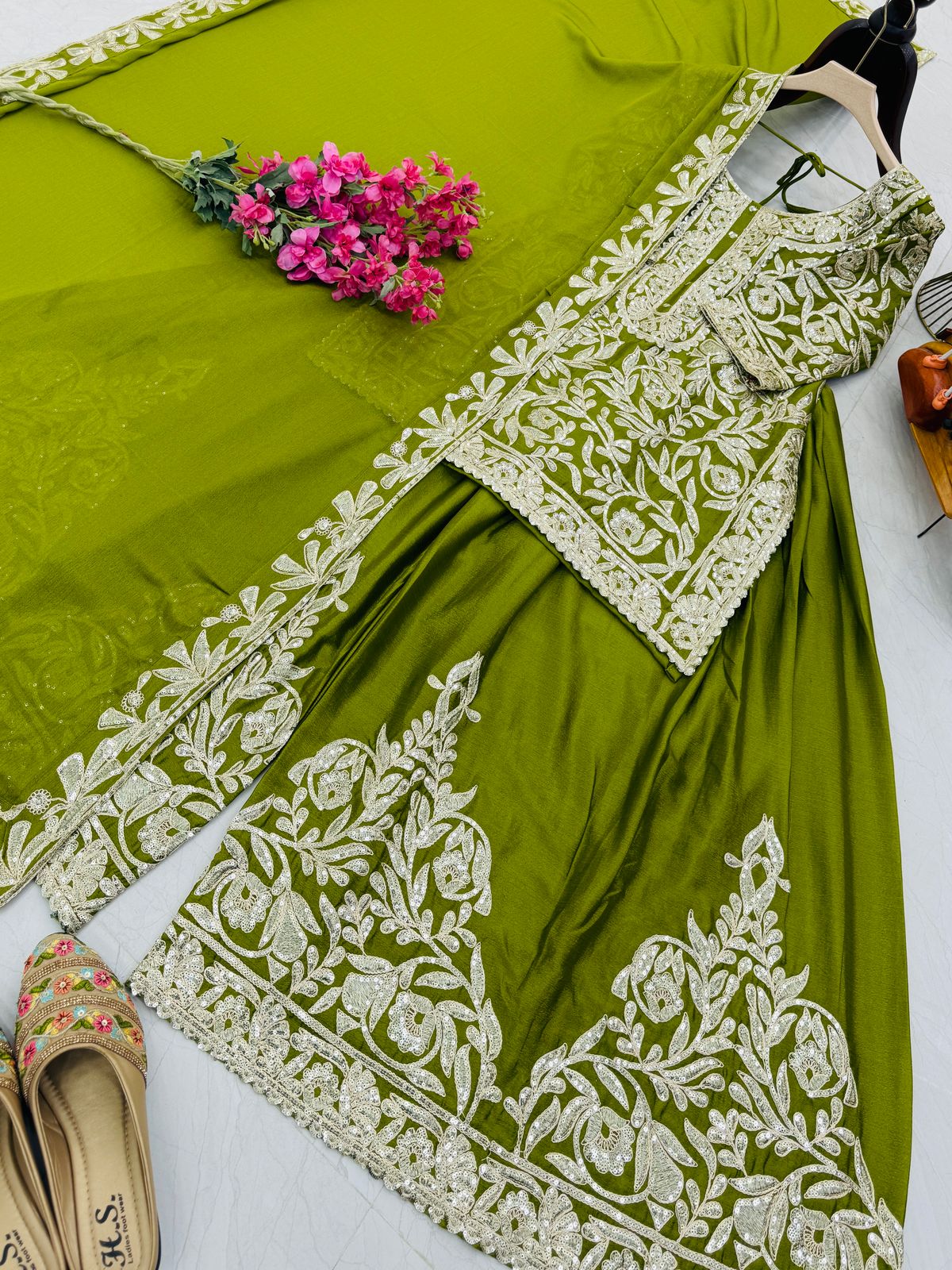 Green Color Beautiful Party Wear Chinon Fabric Suit