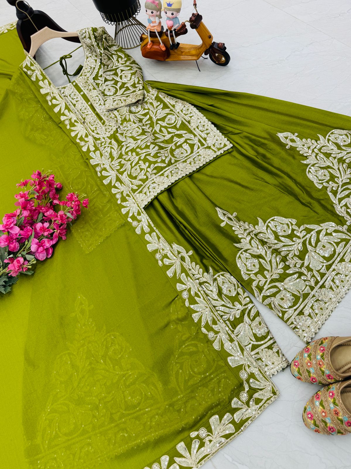 Green Color Beautiful Party Wear Chinon Fabric Suit