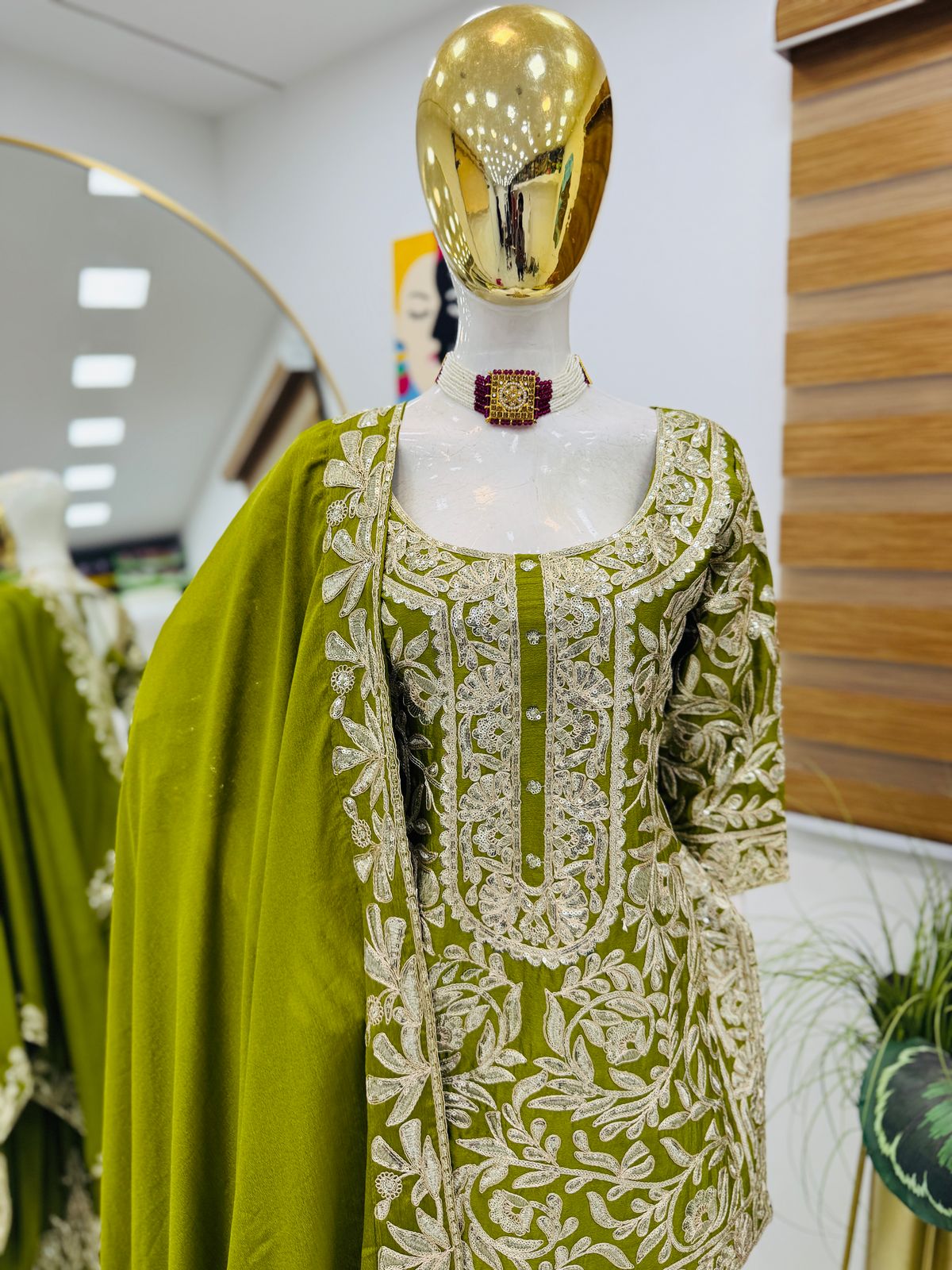 Green Color Beautiful Party Wear Chinon Fabric Suit