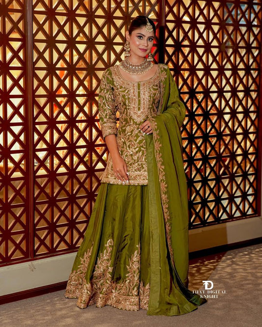 Green Color Beautiful Party Wear Chinon Fabric Suit