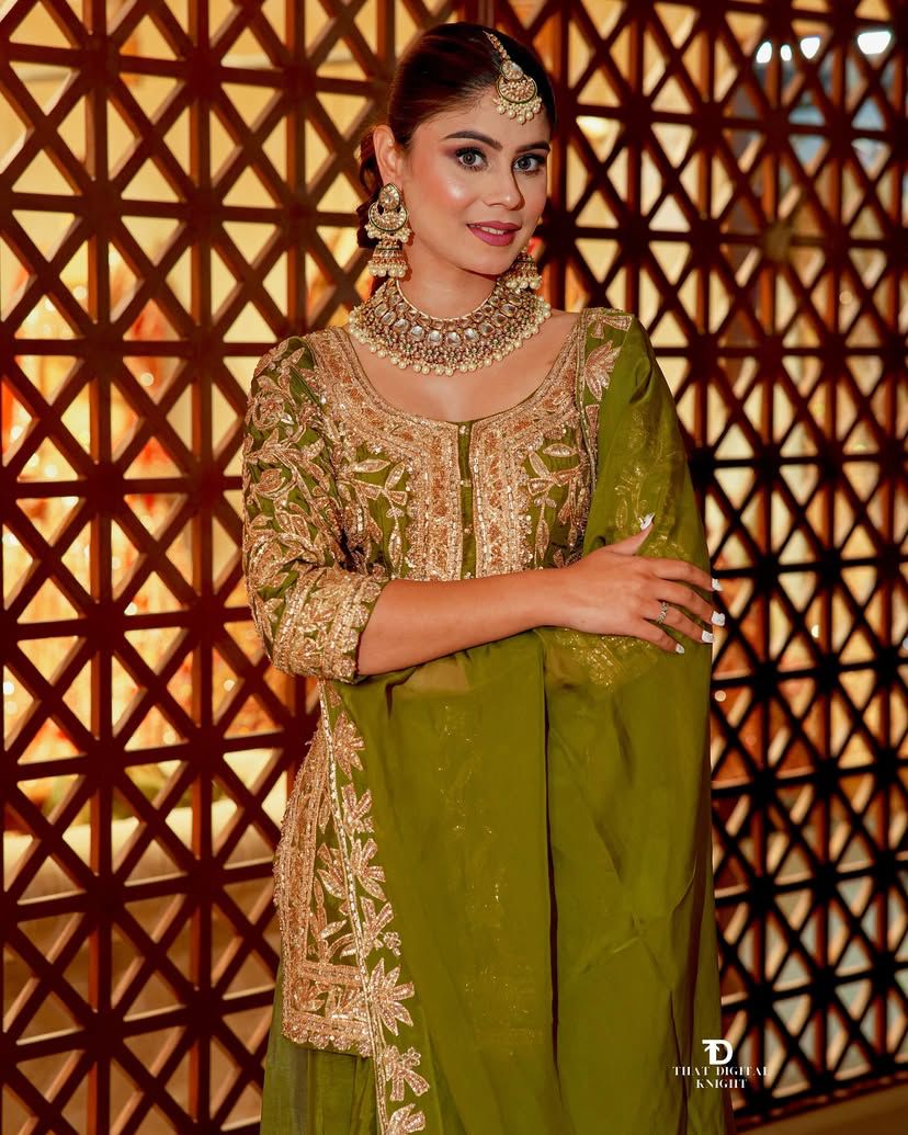 Green Color Beautiful Party Wear Chinon Fabric Suit