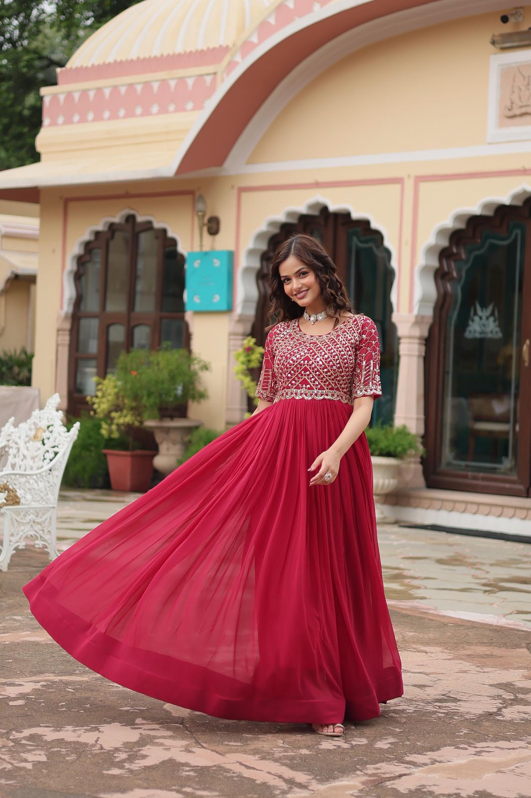 Red Pink Color Beautiful Partywear Gown In Georgette Fabric