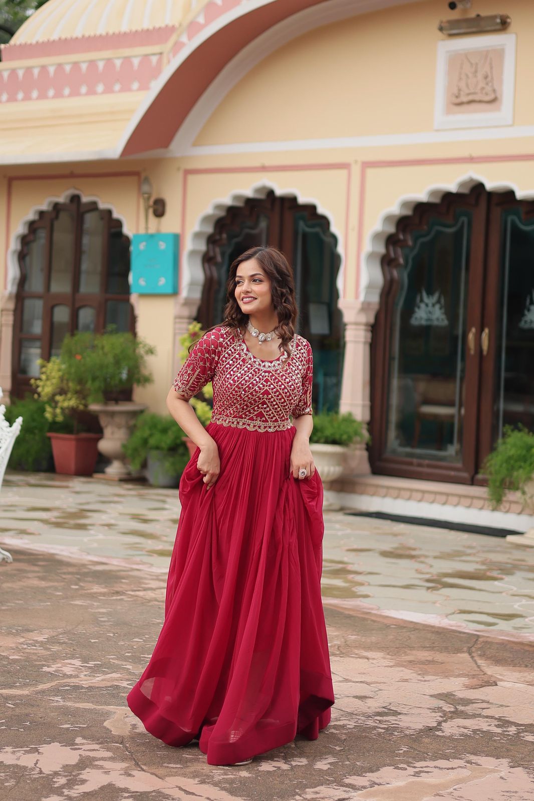 Red Pink Color Beautiful Partywear Gown In Georgette Fabric