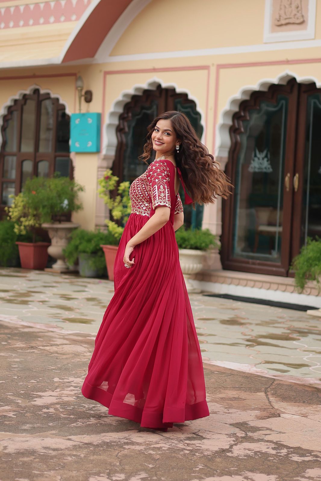 Red Pink Color Beautiful Partywear Gown In Georgette Fabric