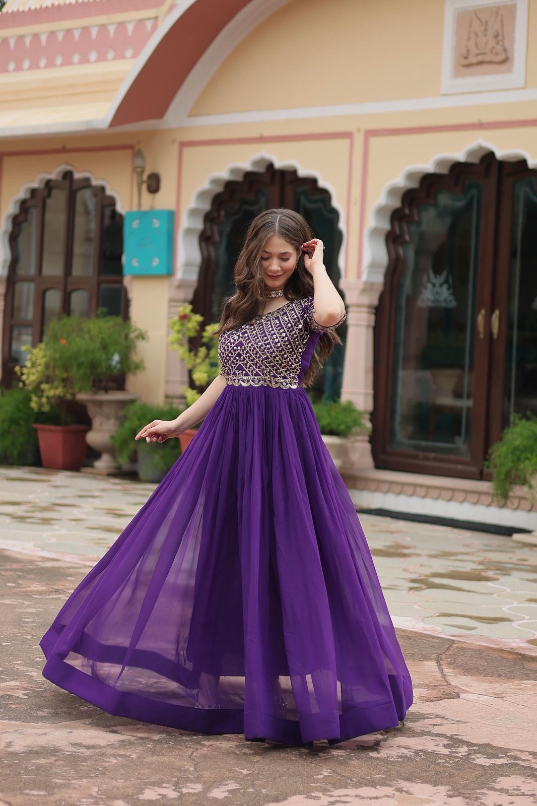 Purple Color Beautiful Partywear Gown In Georgette Fabric