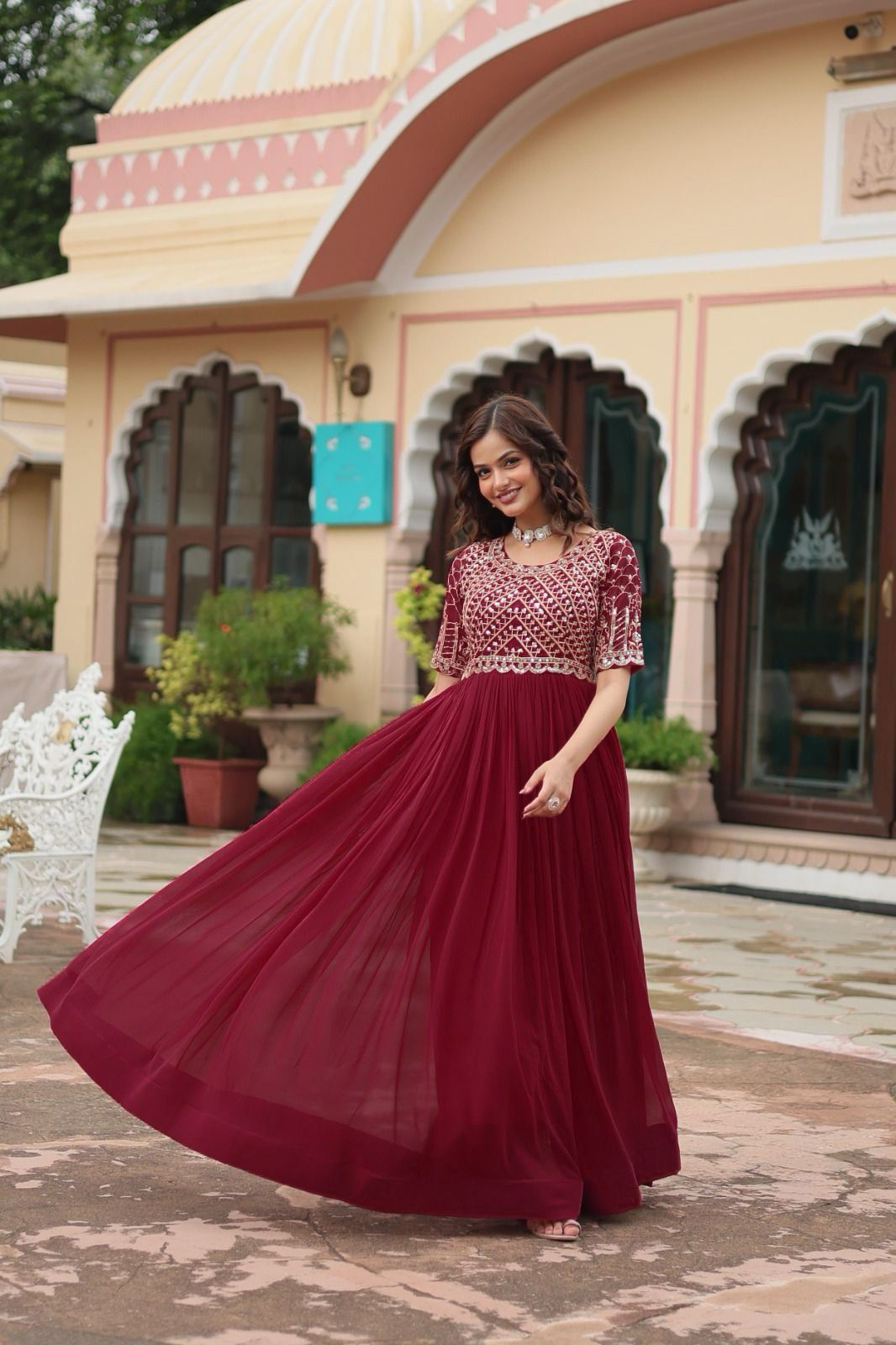 Maroon Color Beautiful Partywear Gown In Georgette Fabric