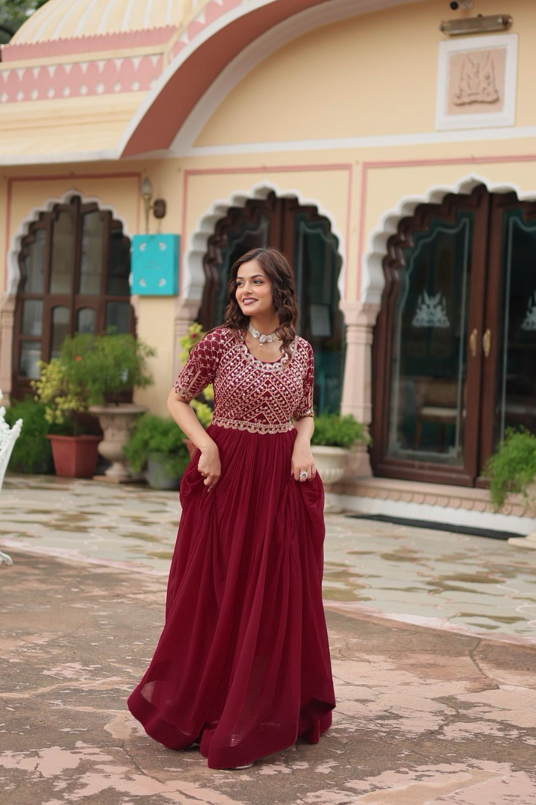 Maroon Color Beautiful Partywear Gown In Georgette Fabric
