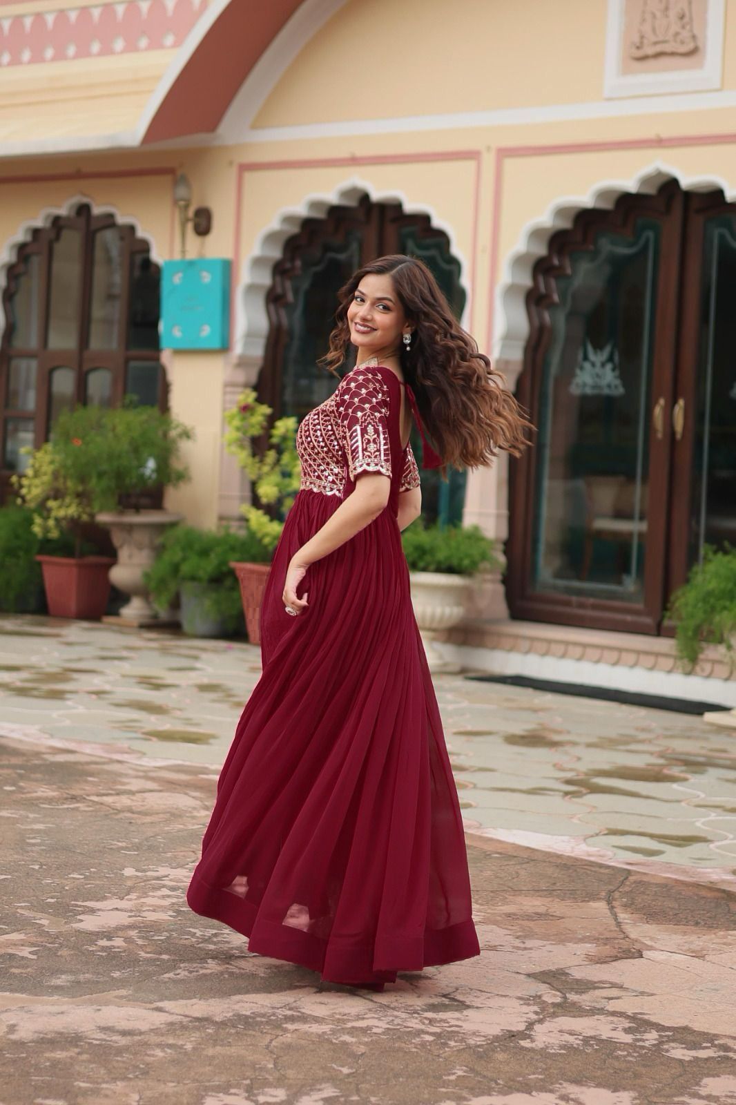 Maroon Color Beautiful Partywear Gown In Georgette Fabric