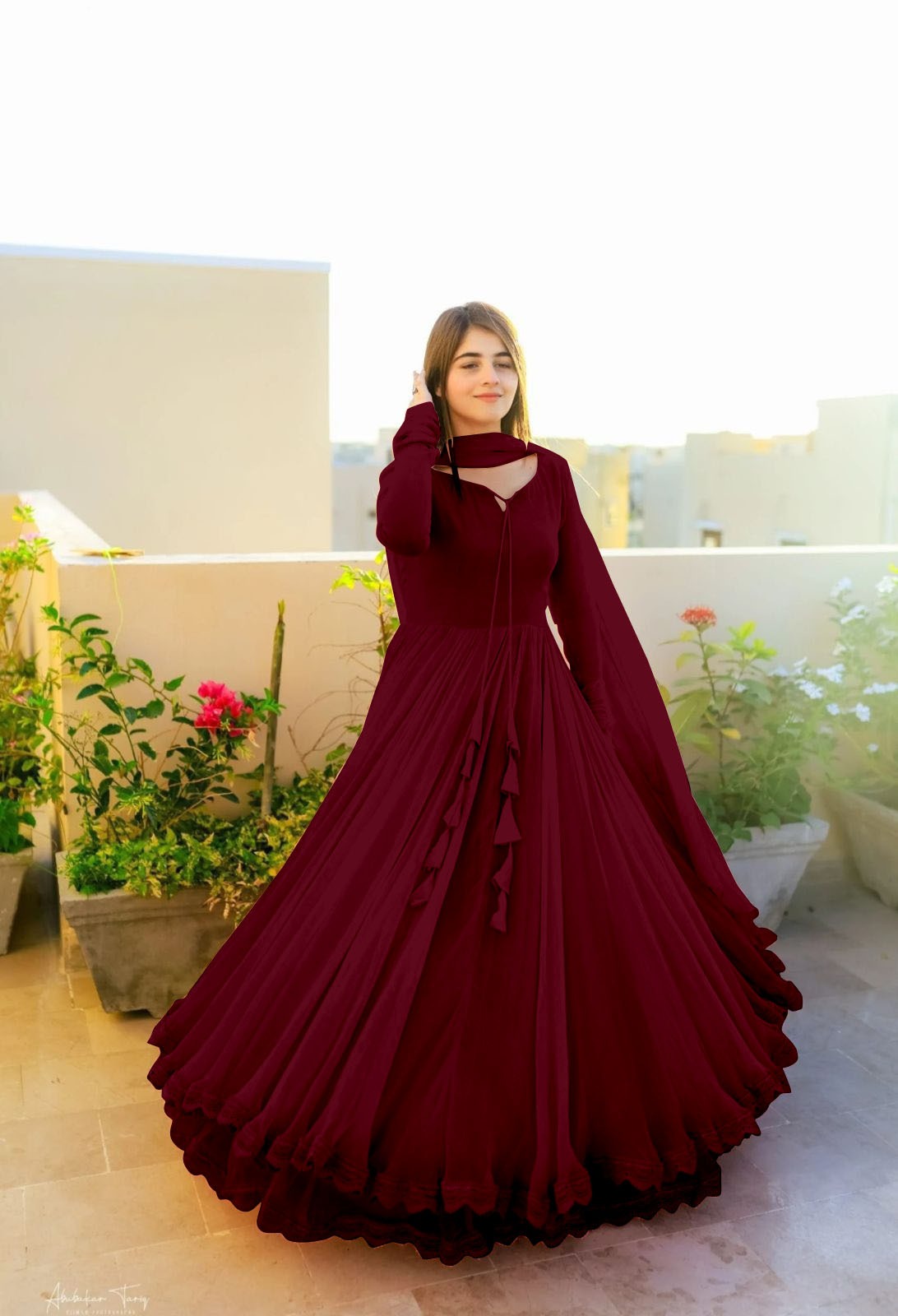 Gown with Dupatta in Georgette Fabric with 4 meter flair in maroon